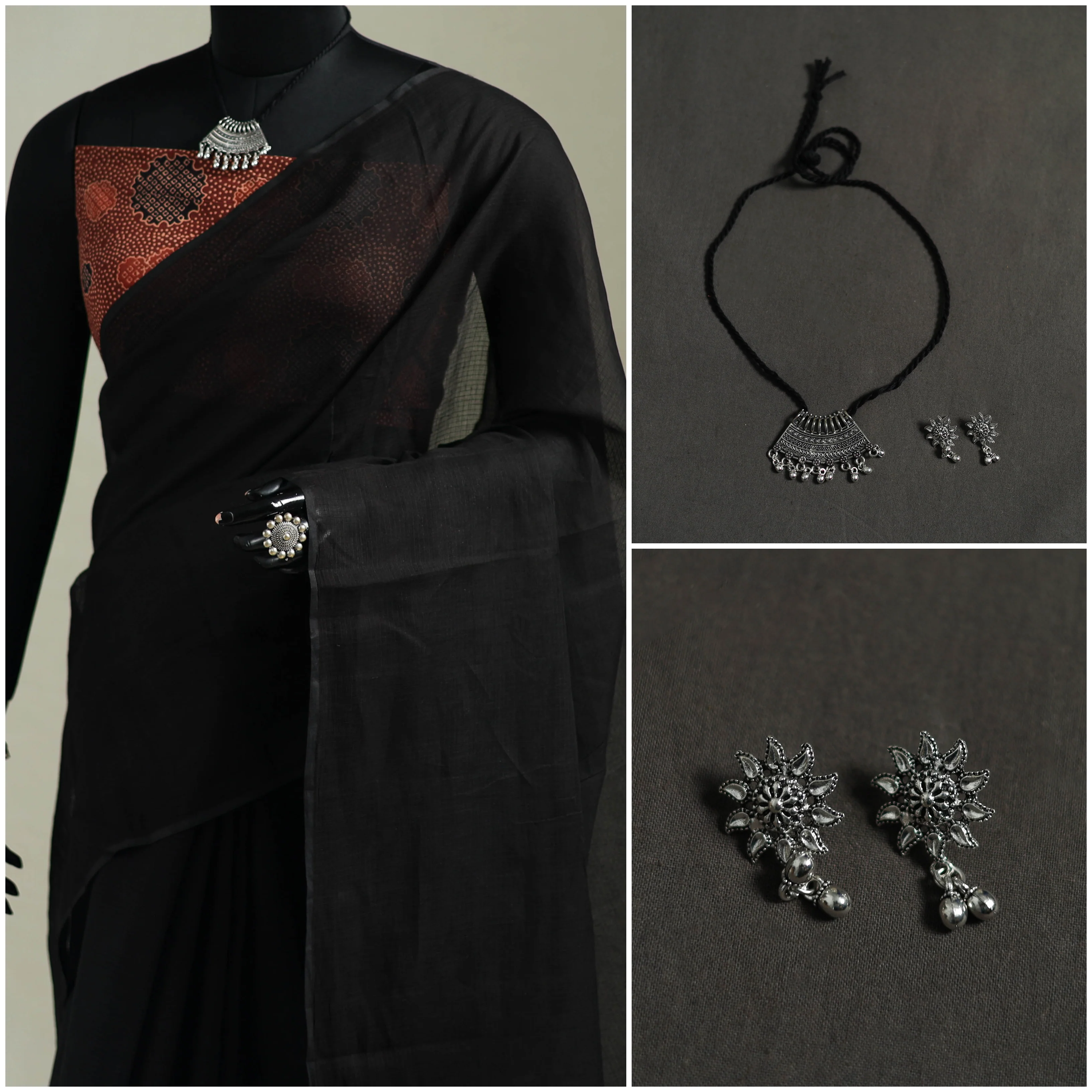 Black - Nazaakat Kota Doria Cotton Plain Saree with Blouse & Jewellery Set 43 - Image 3