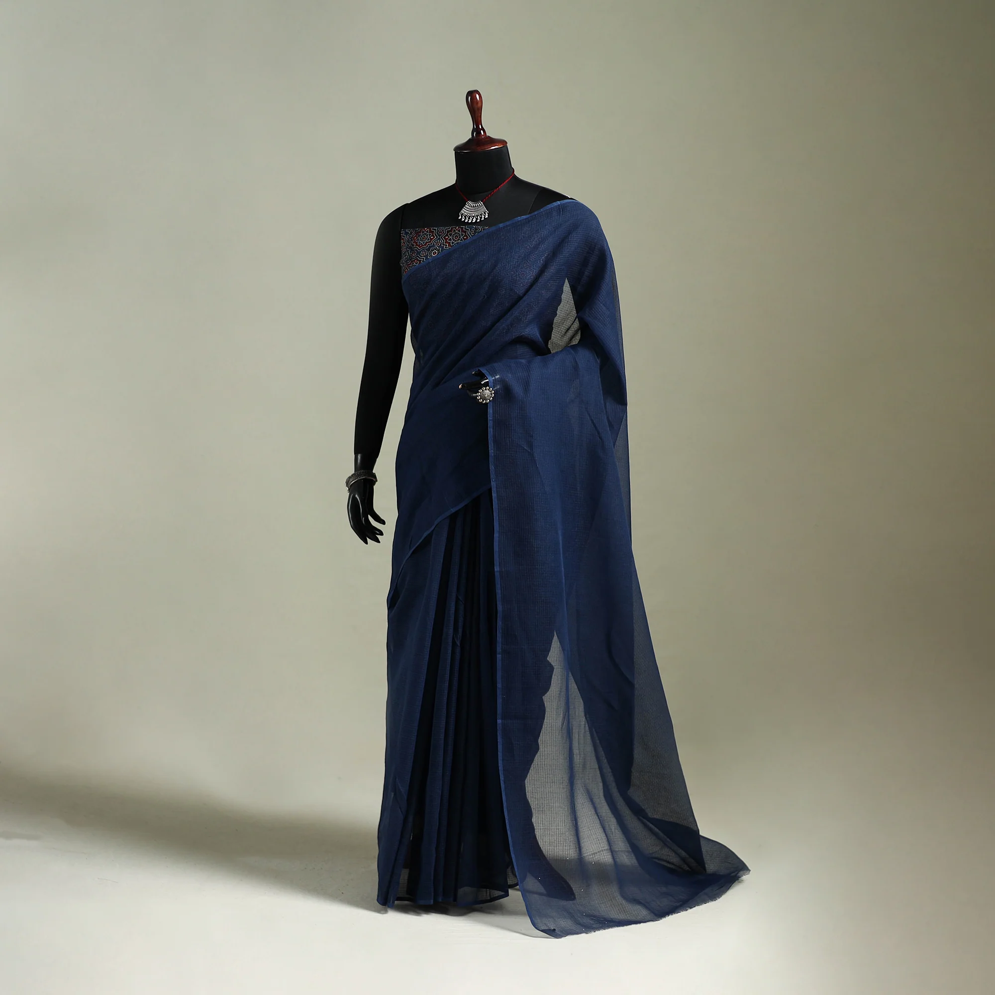 Blue - Nazaakat Kota Doria Cotton Plain Saree with Blouse & Jewellery Set 45