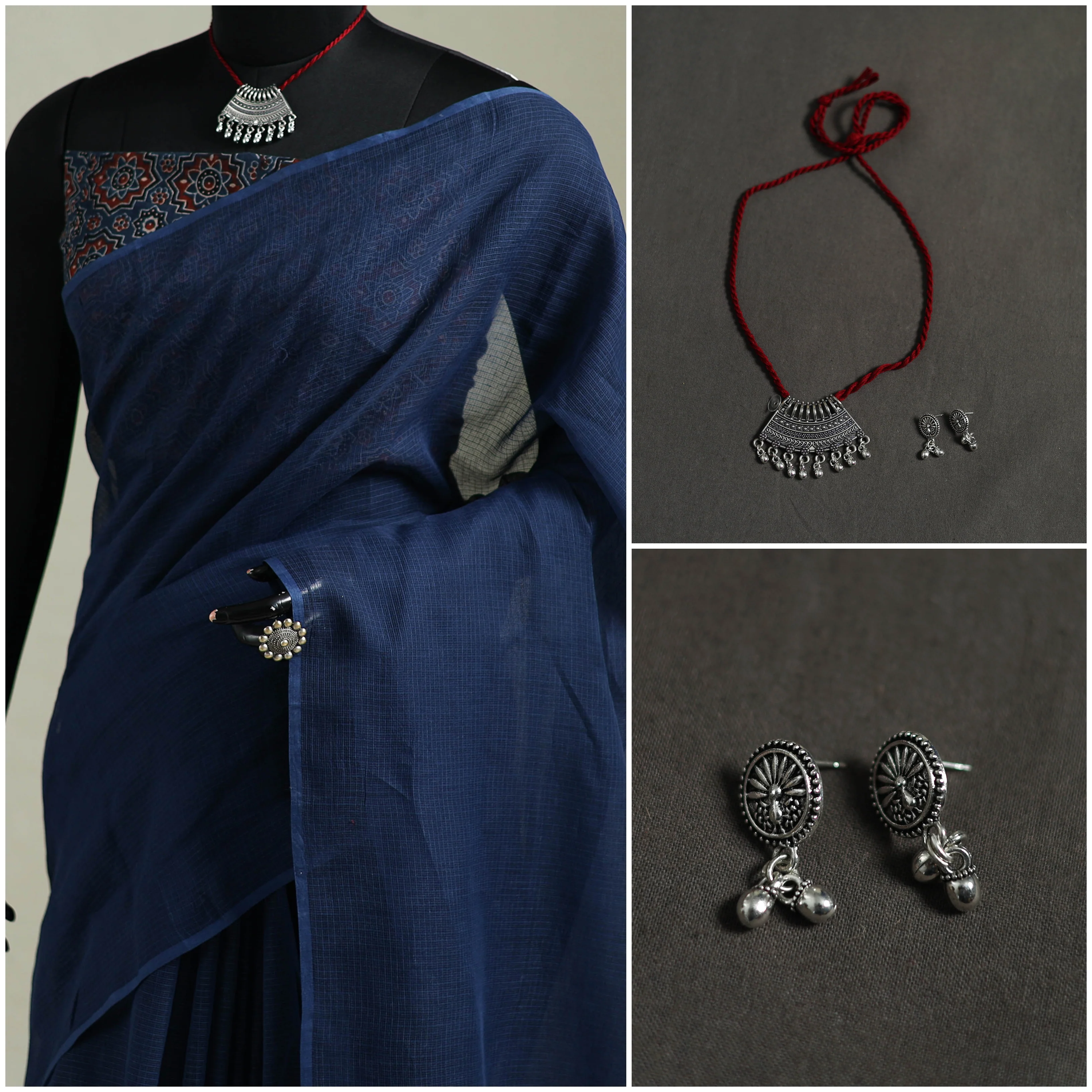 Blue - Nazaakat Kota Doria Cotton Plain Saree with Blouse & Jewellery Set 45 - Image 3