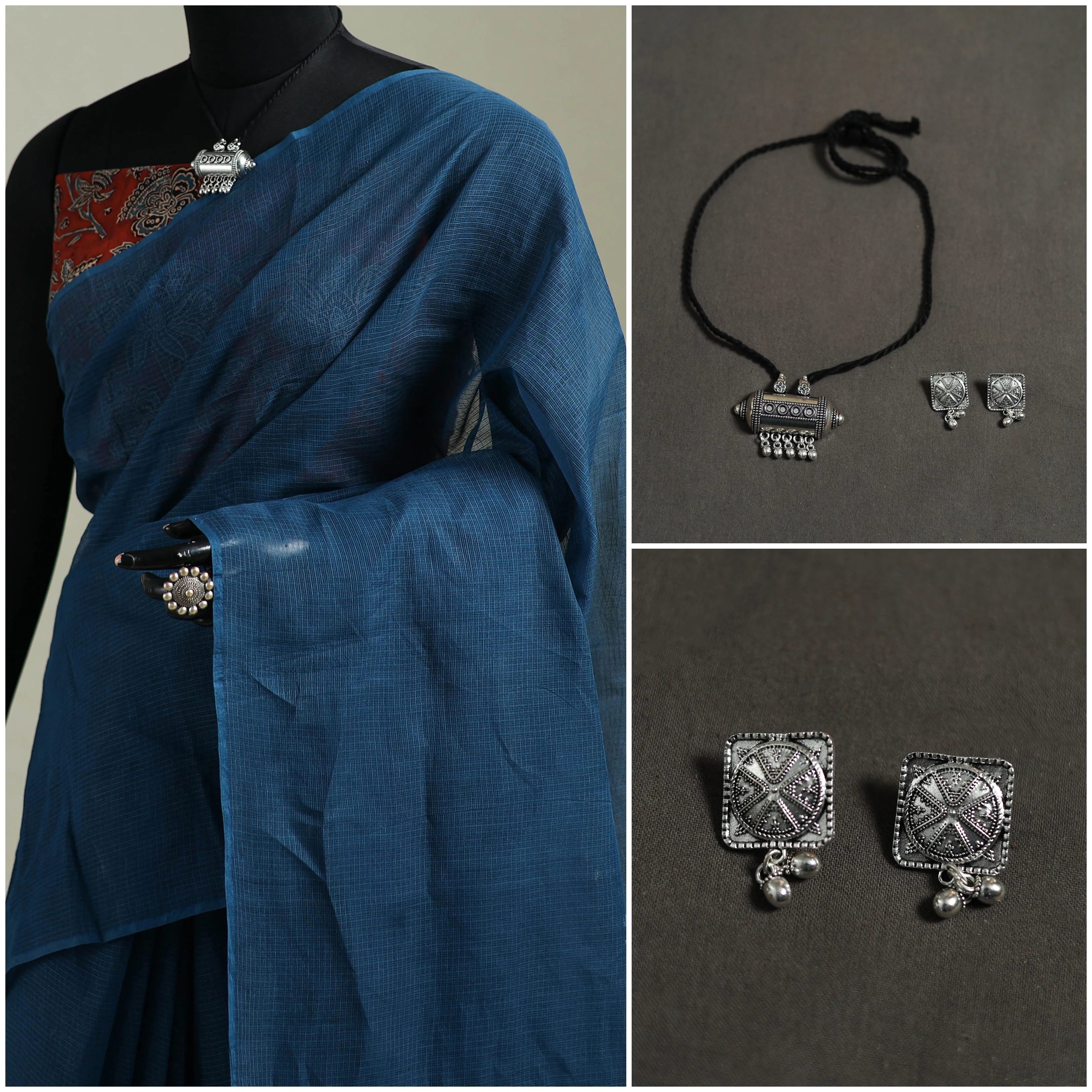 Blue - Nazaakat Kota Doria Cotton Plain Saree with Blouse & Jewellery Set 48 - Image 3