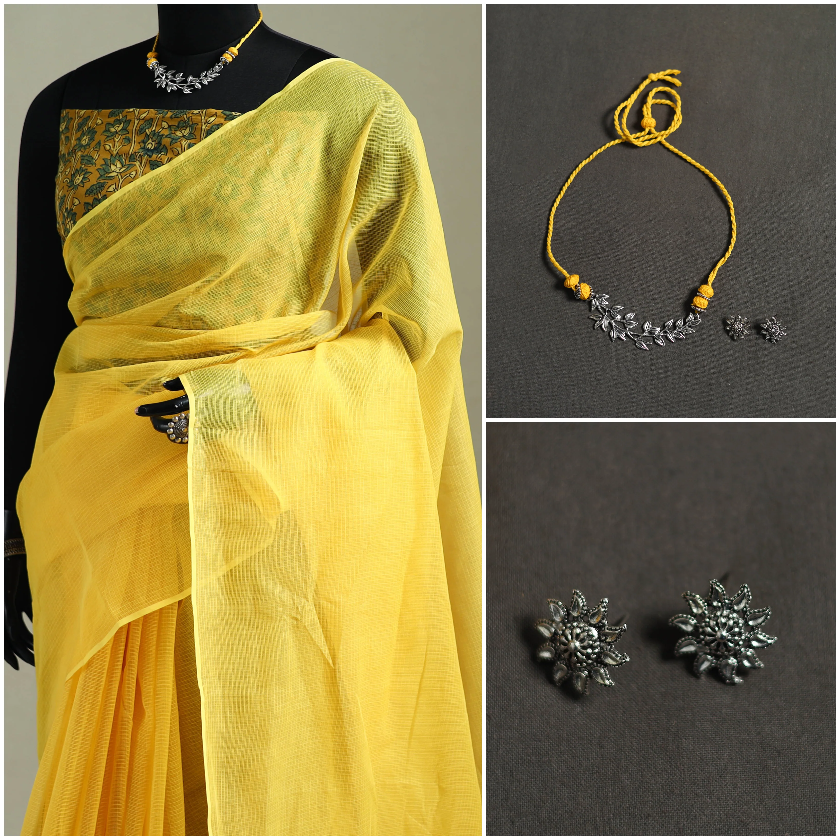 Yellow - Nazaakat Kota Doria Cotton Plain Saree with Blouse & Jewellery Set 50 - Image 3