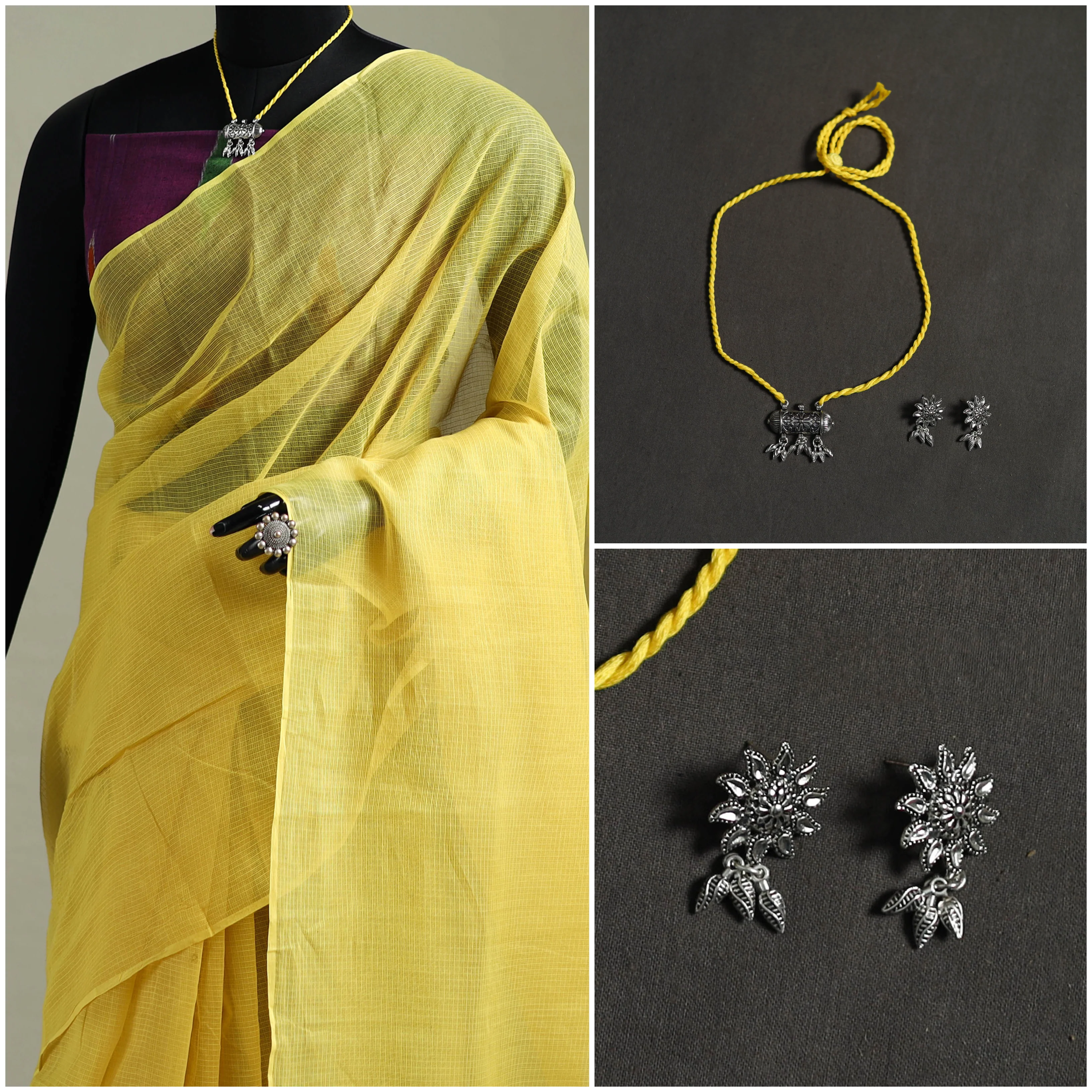 Yellow - Nazaakat Kota Doria Cotton Plain Saree with Blouse & Jewellery Set 51 - Image 3