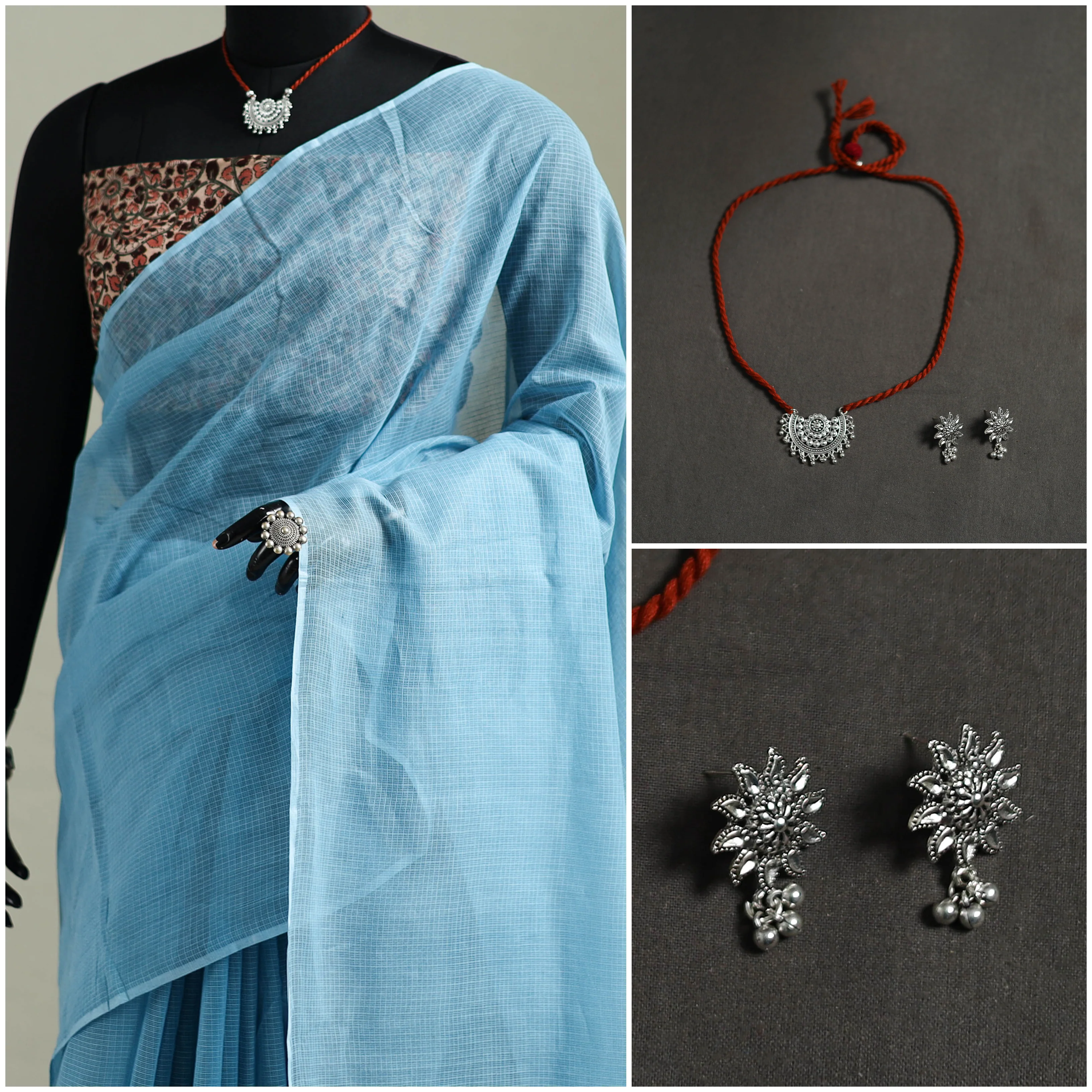 Blue - Nazaakat Kota Doria Cotton Plain Saree with Blouse & Jewellery Set 52 - Image 3