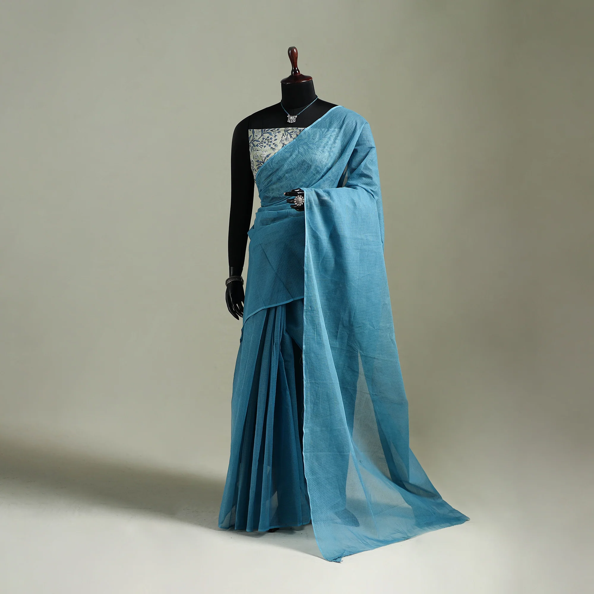 Blue - Nazaakat Kota Doria Cotton Plain Saree with Blouse & Jewellery Set 55