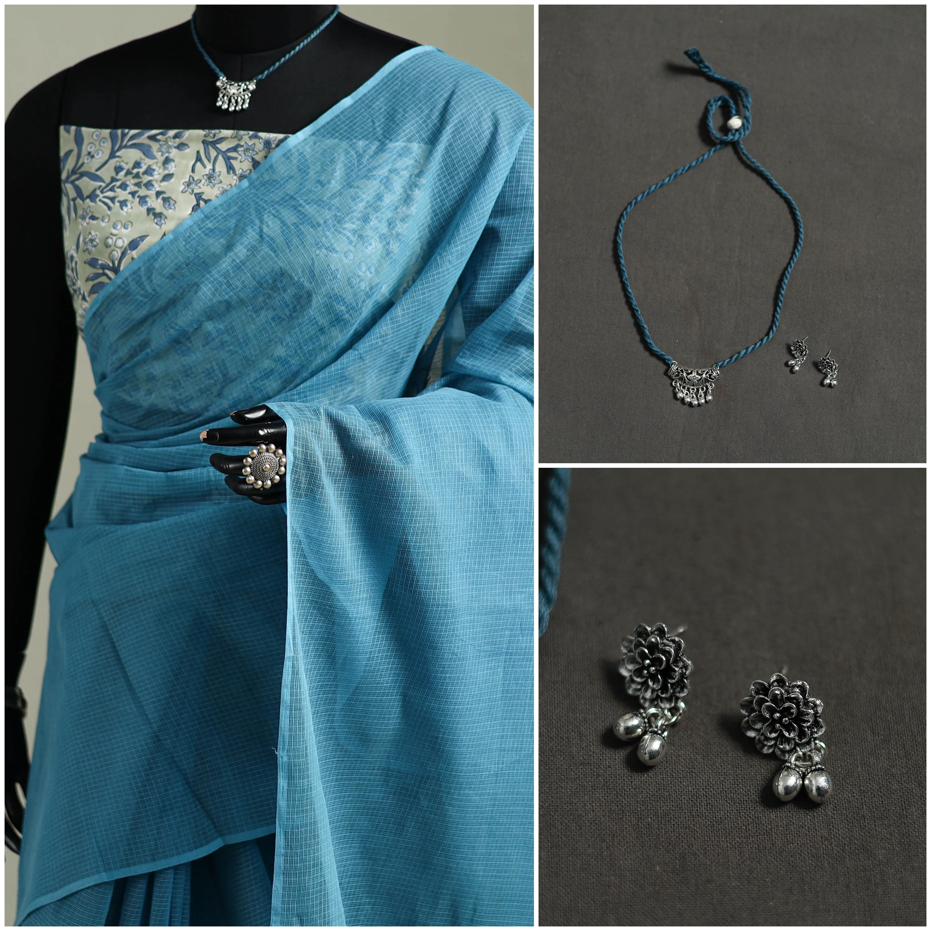 Blue - Nazaakat Kota Doria Cotton Plain Saree with Blouse & Jewellery Set 55 - Image 3