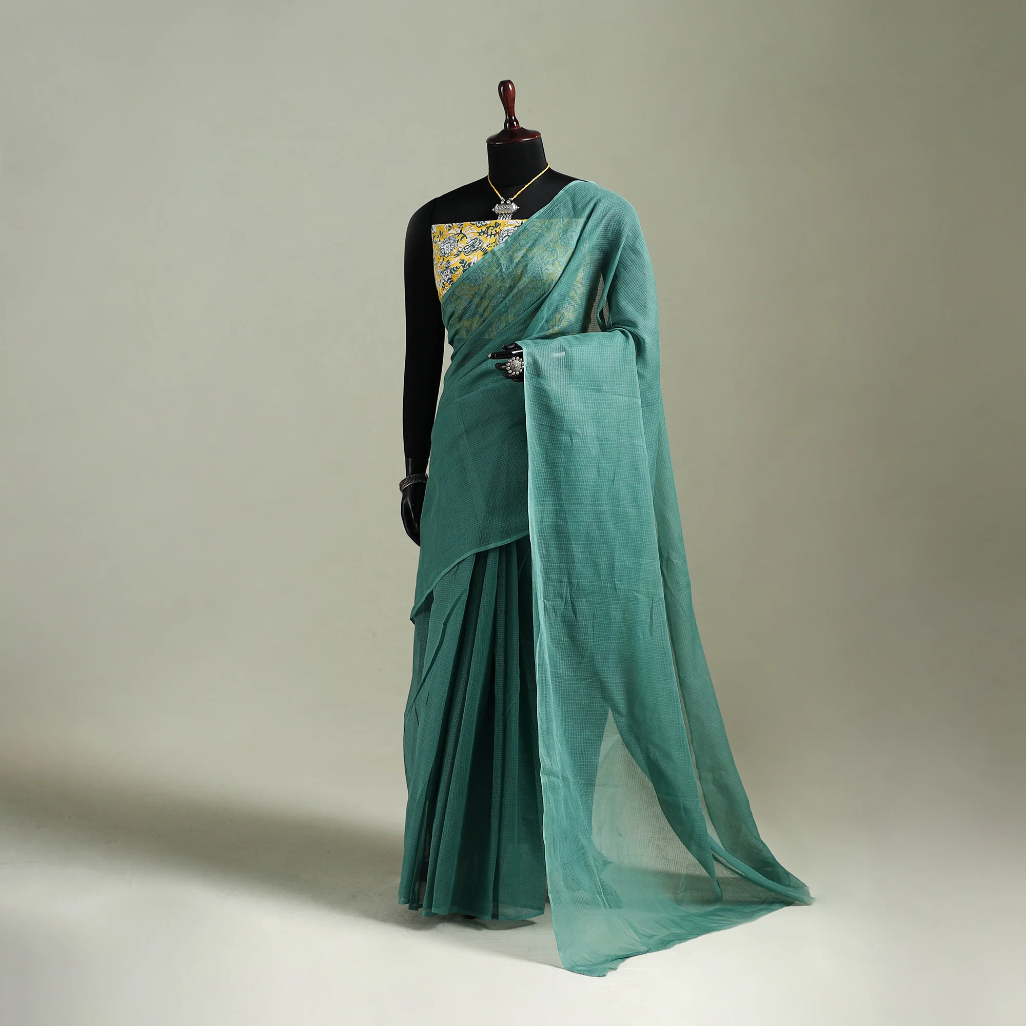 Green - Nazaakat Kota Doria Cotton Plain Saree with Blouse & Jewellery Set 56