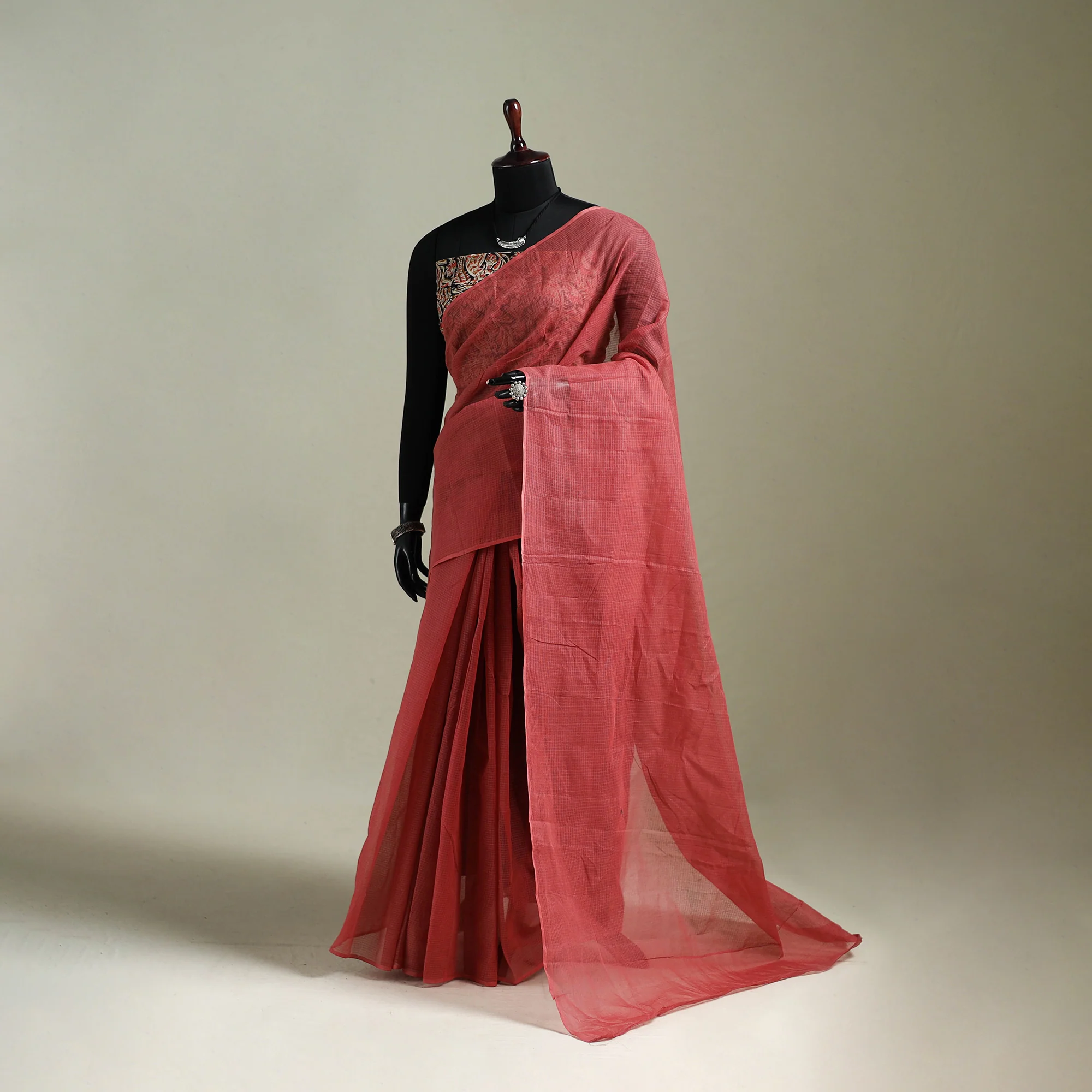 Red - Nazaakat Kota Doria Cotton Plain Saree with Blouse & Jewellery Set 60