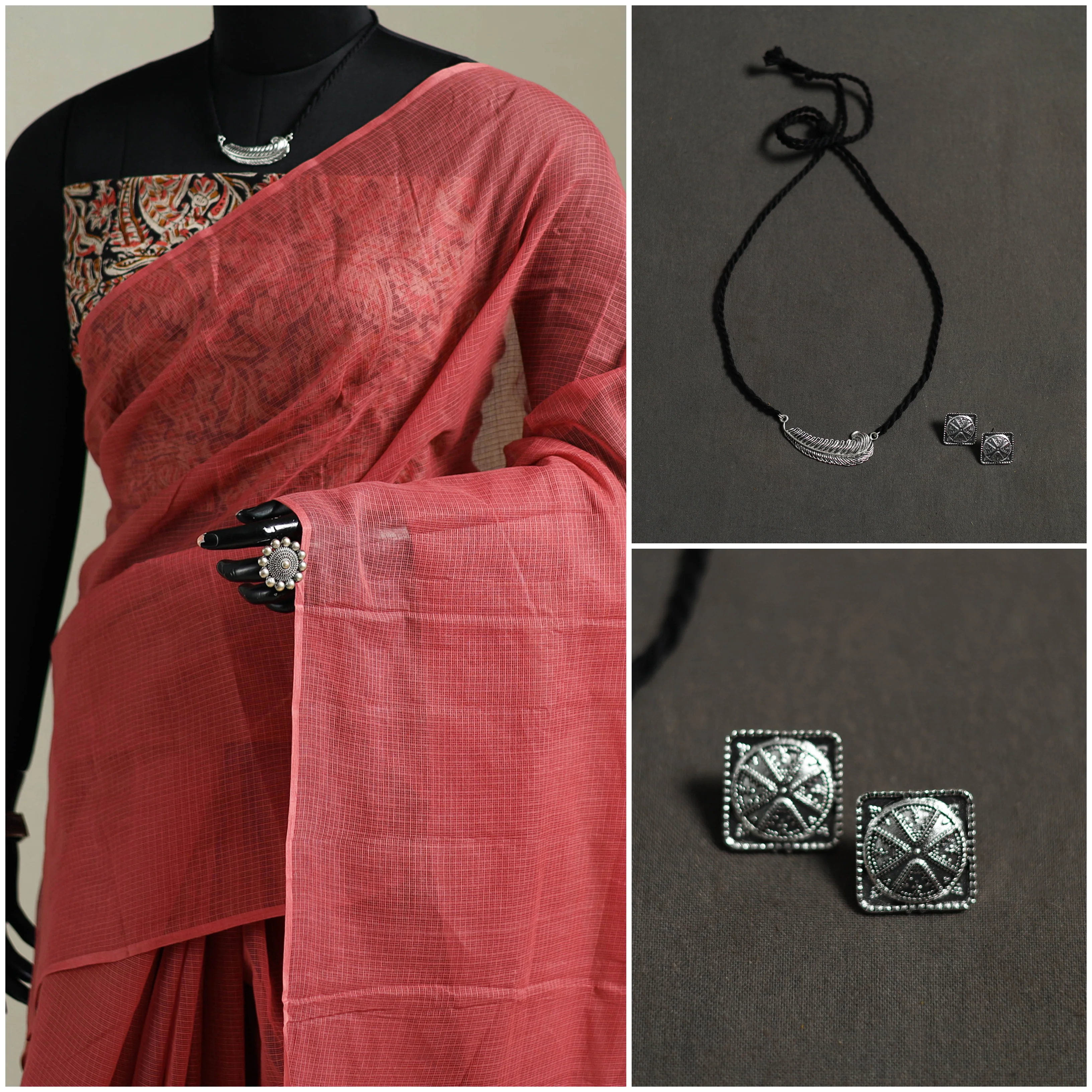 Red - Nazaakat Kota Doria Cotton Plain Saree with Blouse & Jewellery Set 60 - Image 3