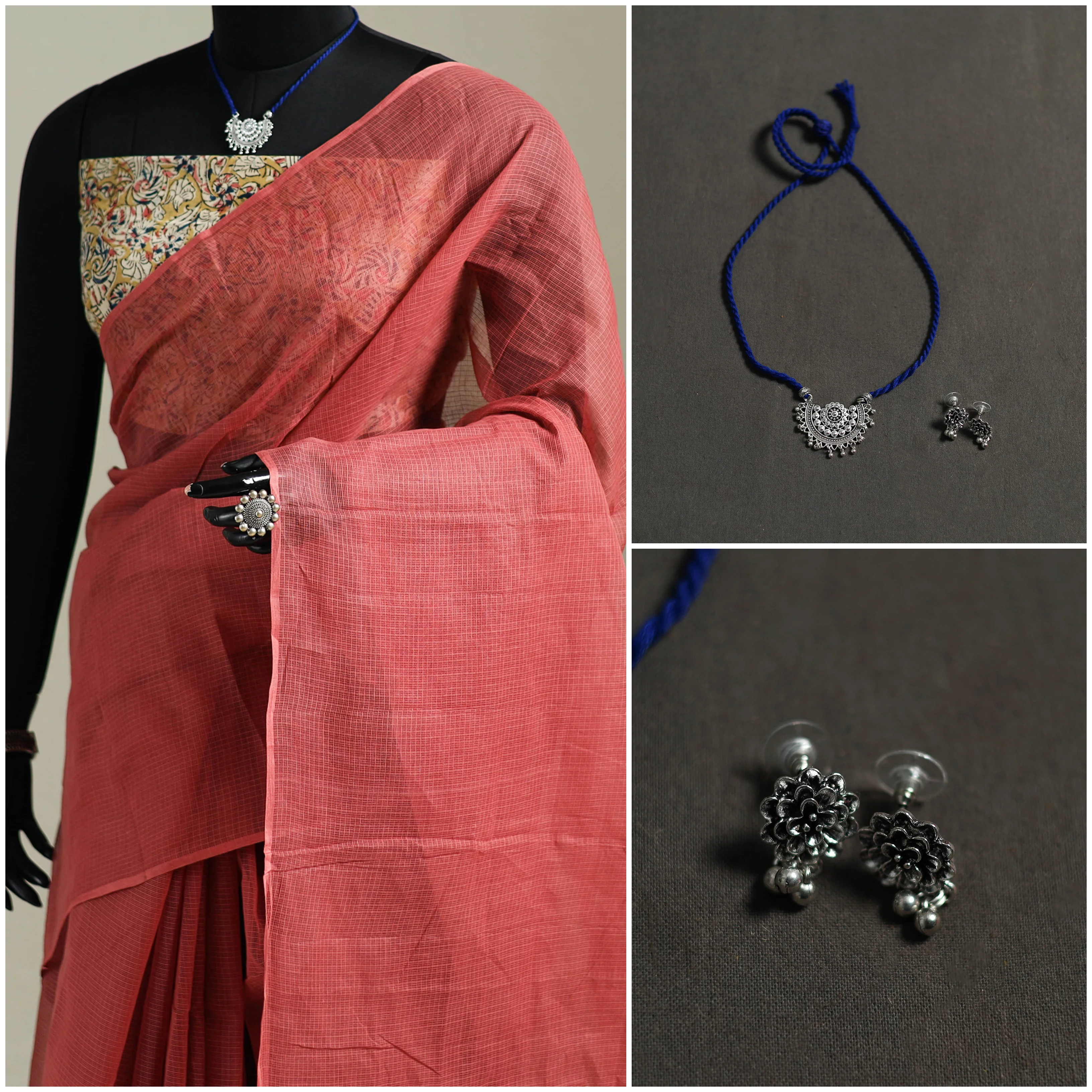 Red - Nazaakat Kota Doria Cotton Plain Saree with Blouse & Jewellery Set 61 - Image 3