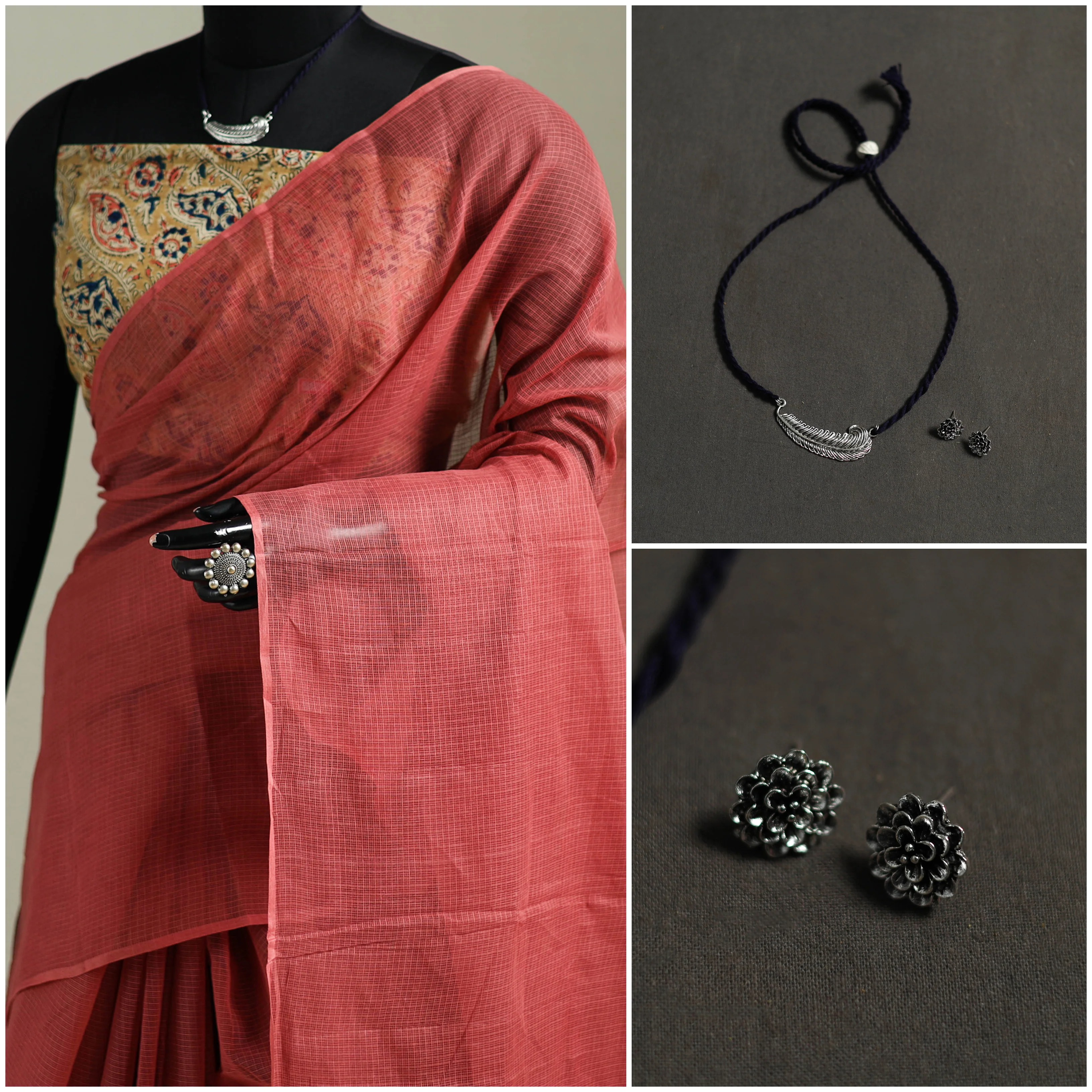 Red - Nazaakat Kota Doria Cotton Plain Saree with Blouse & Jewellery Set 62 - Image 3