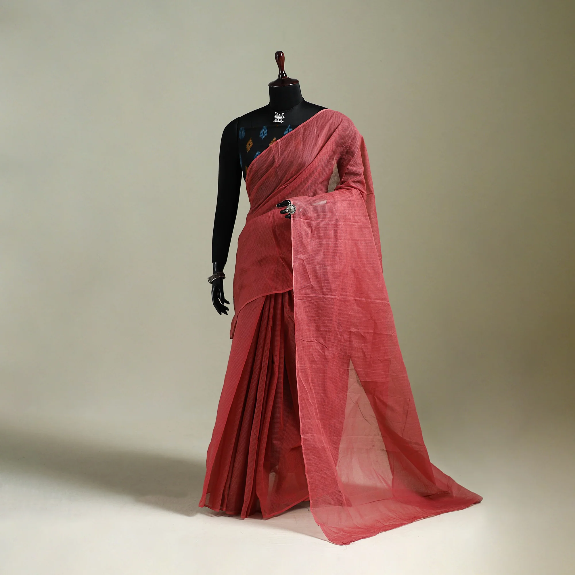 Red - Nazaakat Kota Doria Cotton Plain Saree with Blouse & Jewellery Set 64