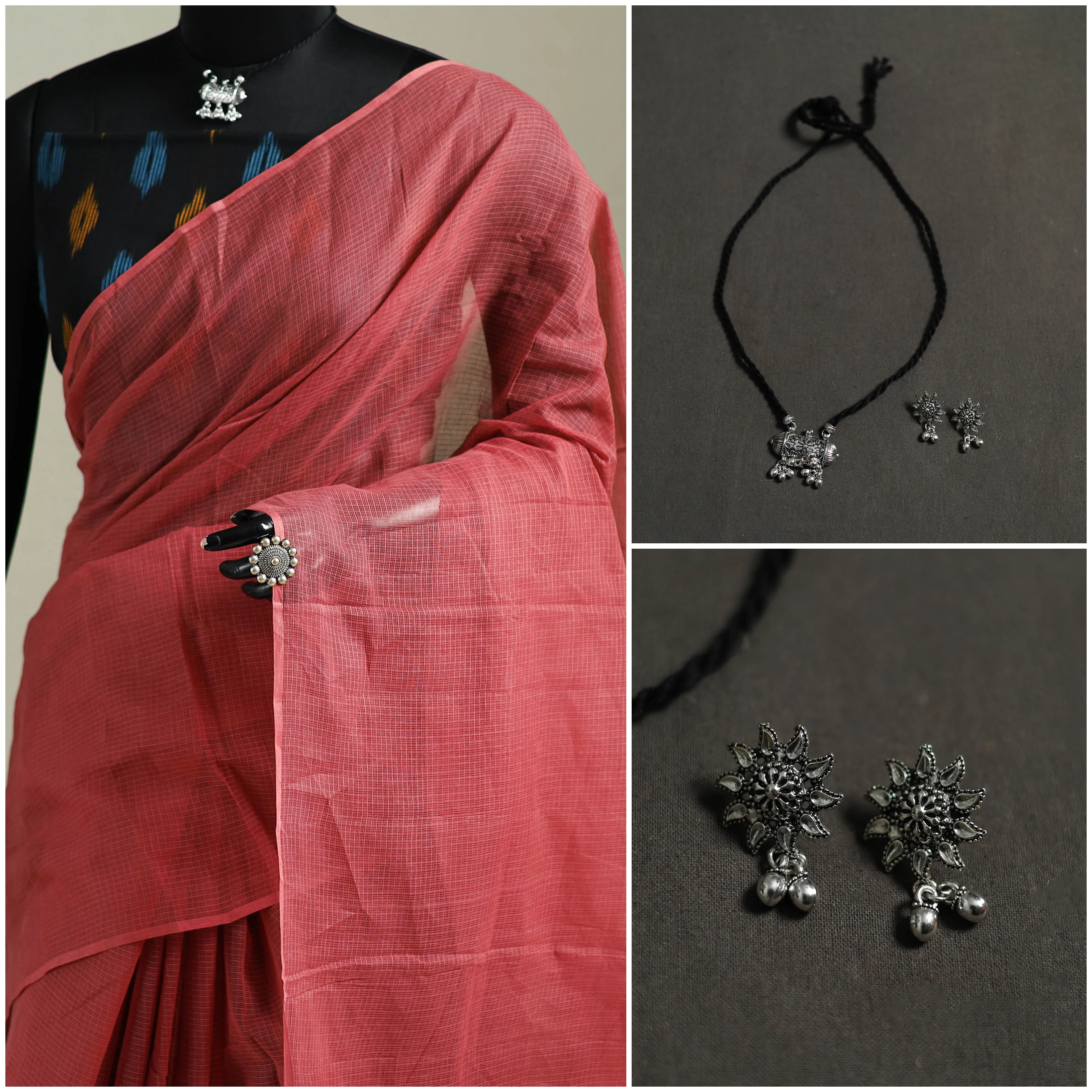 Red - Nazaakat Kota Doria Cotton Plain Saree with Blouse & Jewellery Set 64 - Image 3