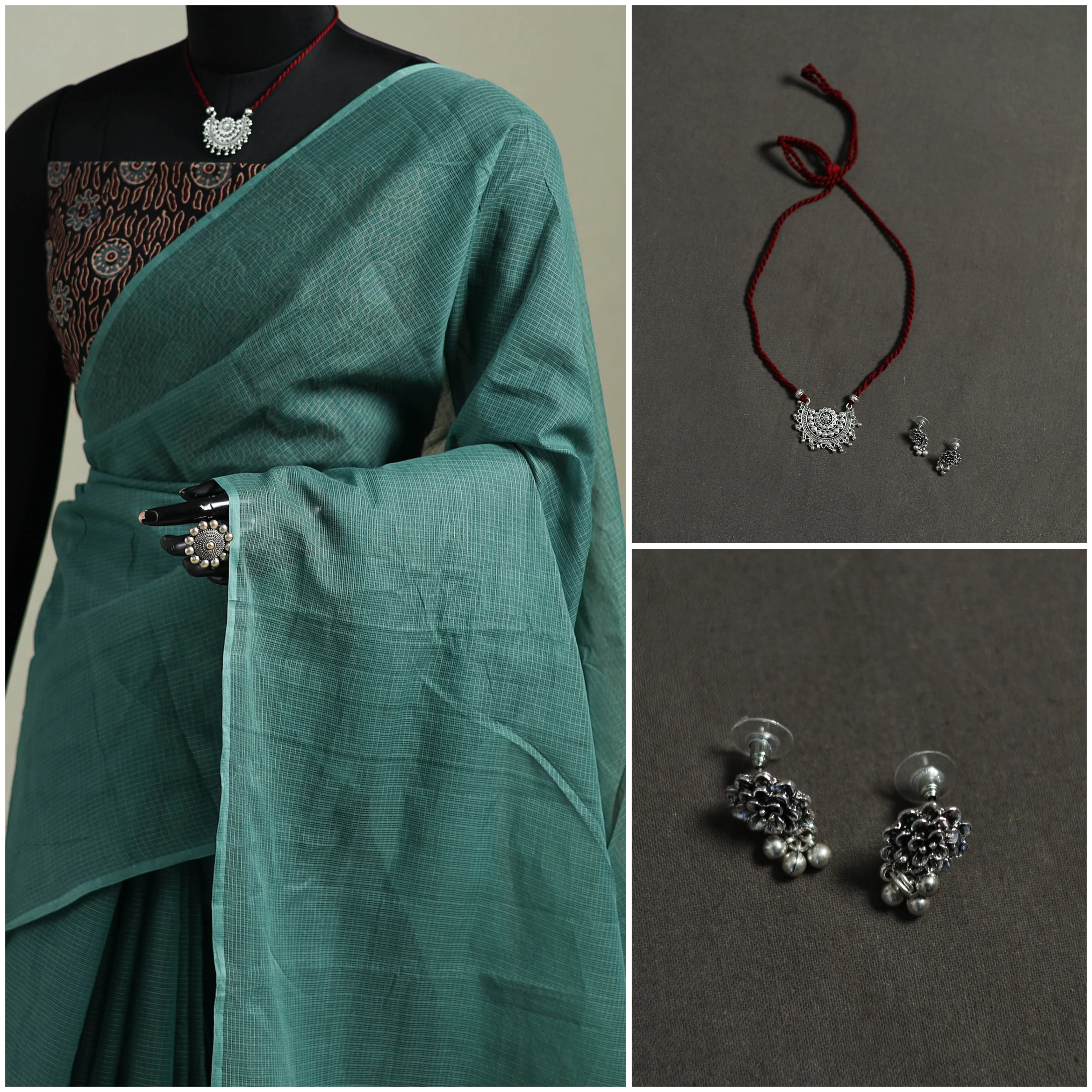 Green - Nazaakat Kota Doria Cotton Plain Saree with Blouse & Jewellery Set 65 - Image 3