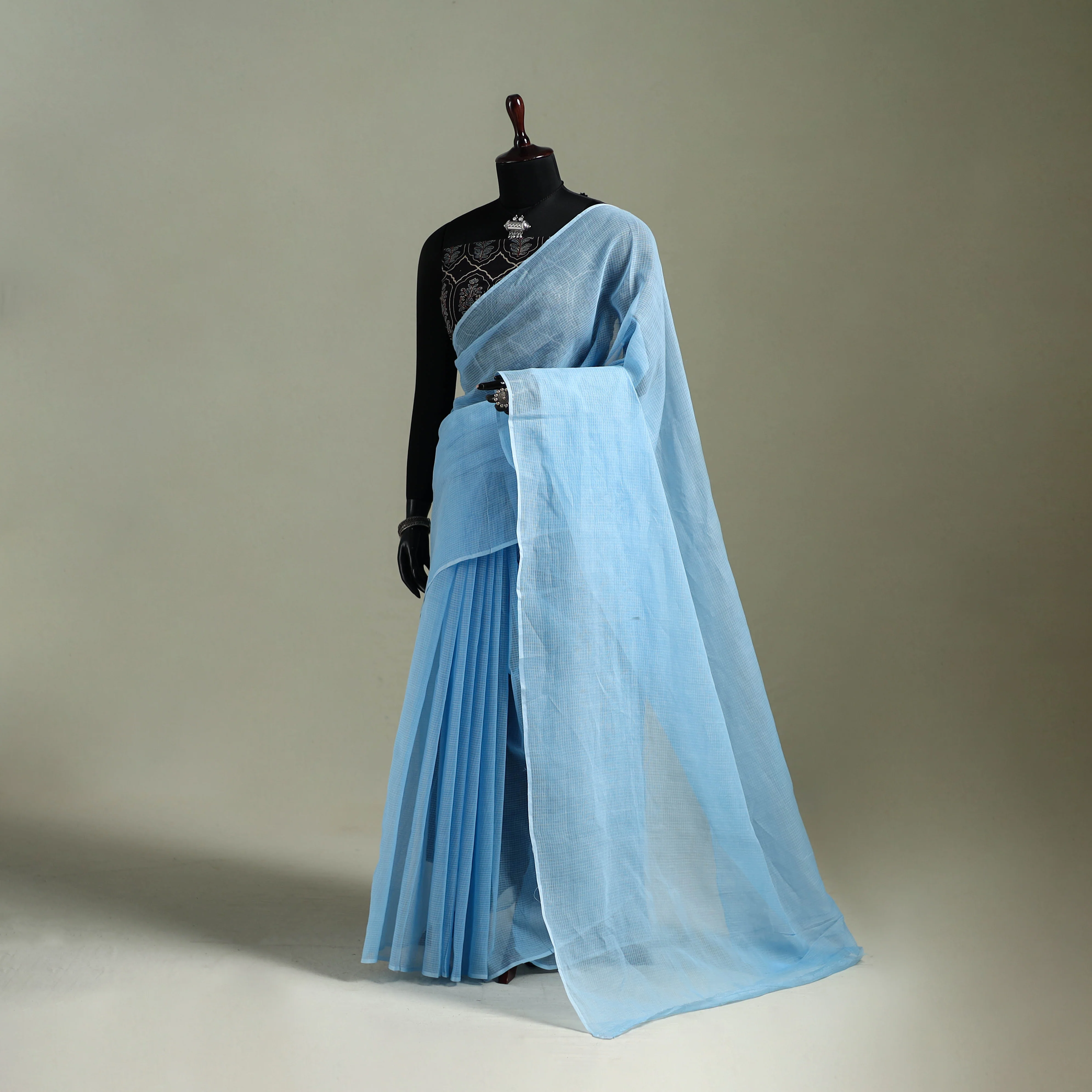 Blue - Nazaakat Kota Doria Cotton Plain Saree with Blouse & Jewellery Set 68