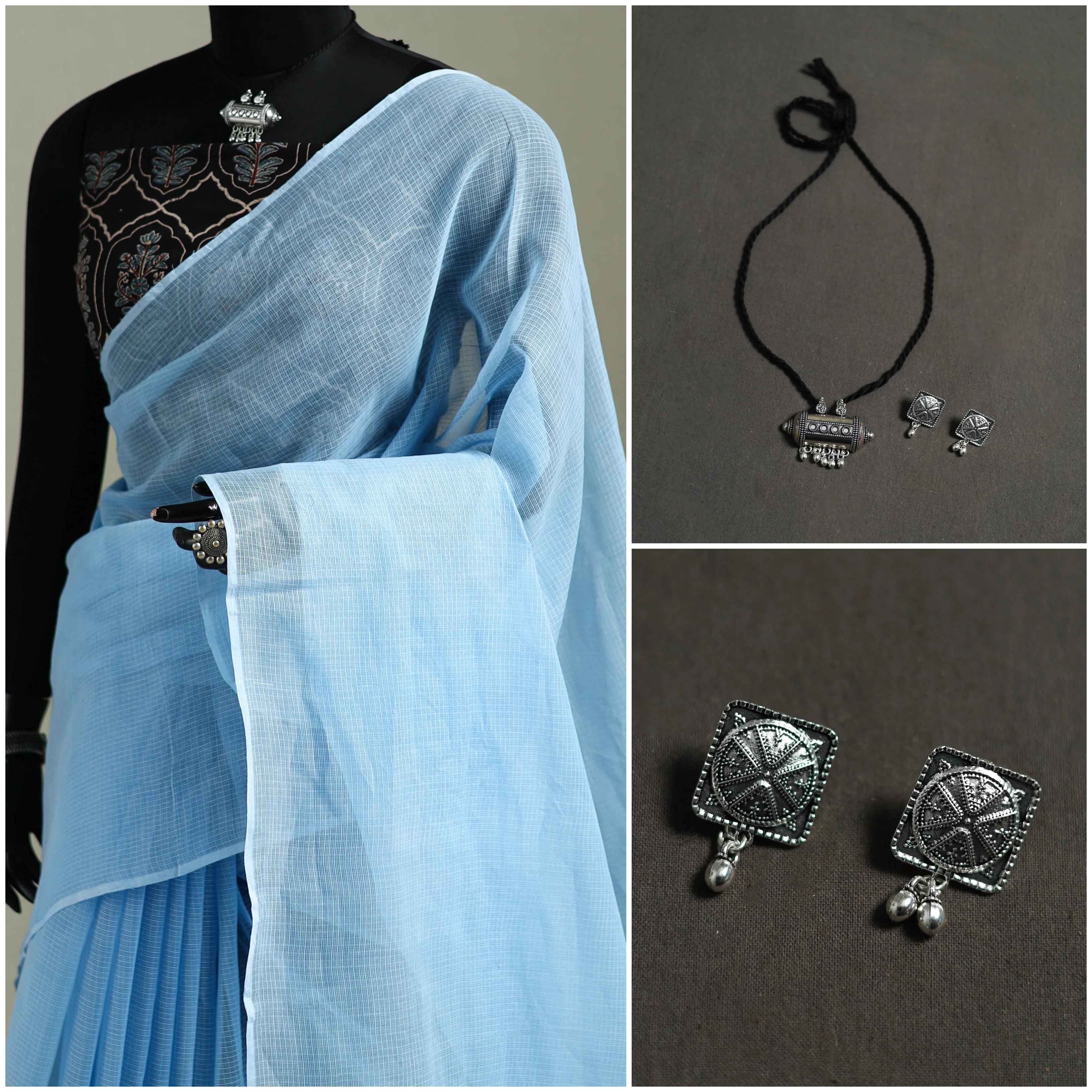 Blue - Nazaakat Kota Doria Cotton Plain Saree with Blouse & Jewellery Set 68 - Image 3