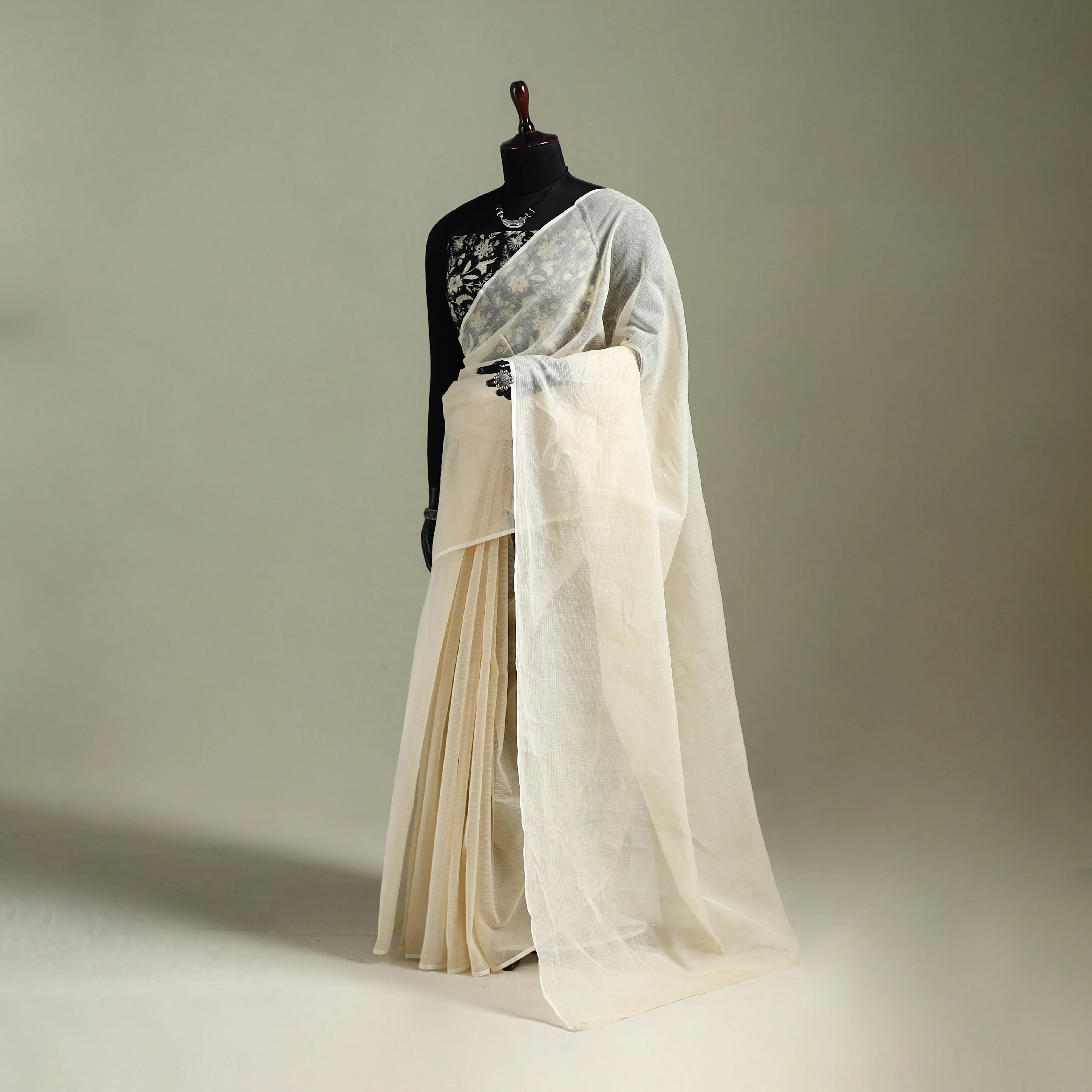 Beige - Nazaakat Kota Doria Cotton Plain Saree with Blouse & Jewellery Set 69