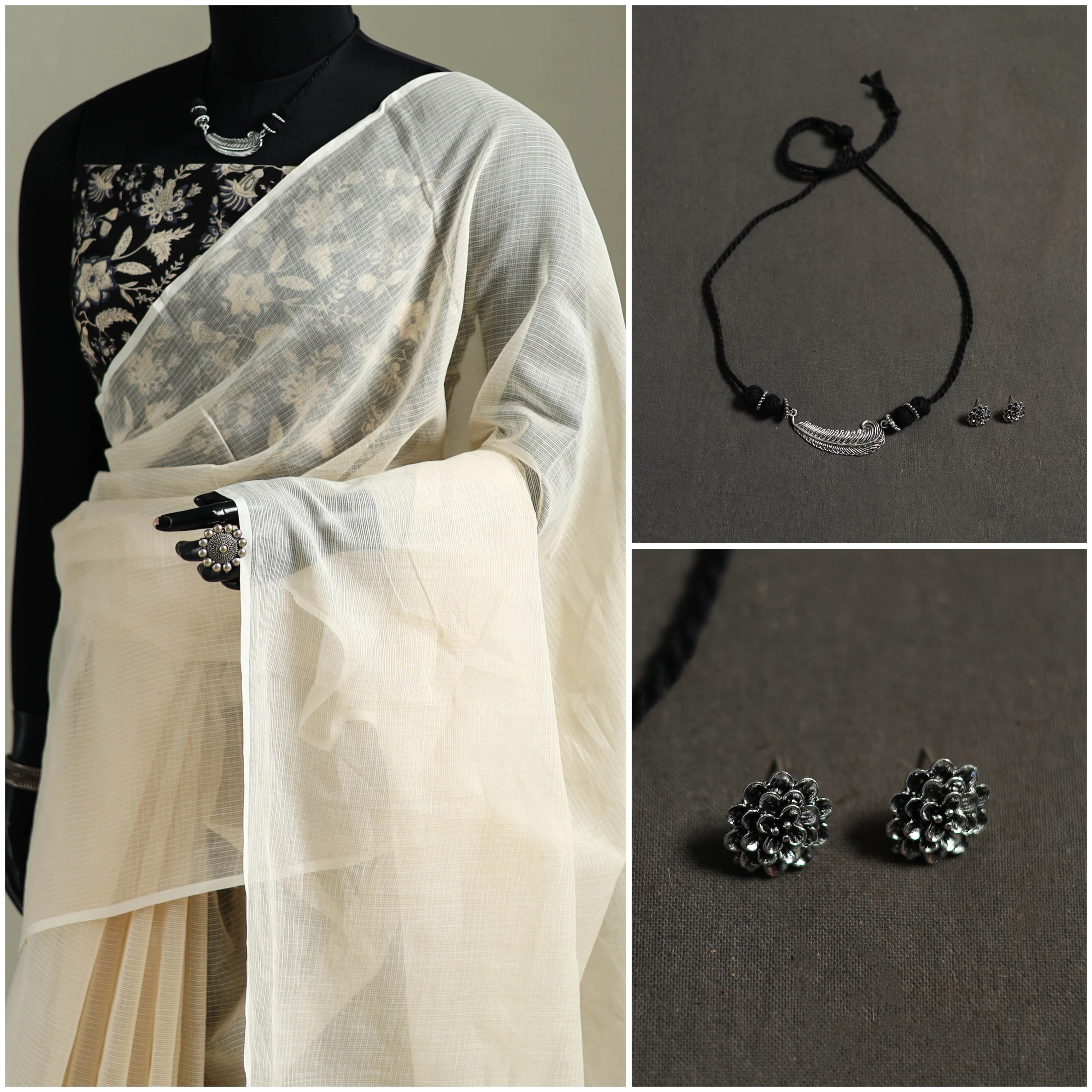 Beige - Nazaakat Kota Doria Cotton Plain Saree with Blouse & Jewellery Set 69 - Image 3
