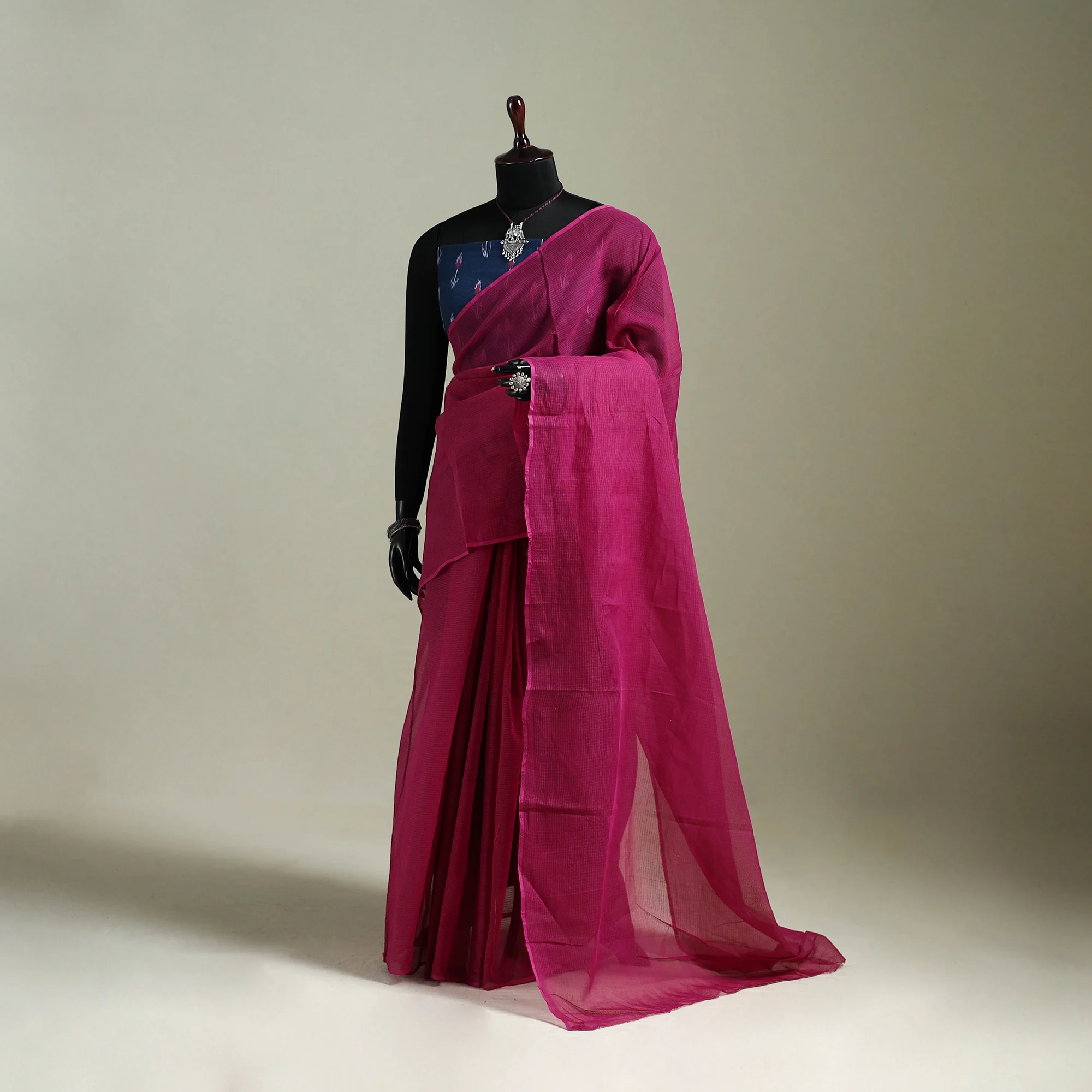 Pink - Nazaakat Kota Doria Cotton Plain Saree with Blouse & Jewellery Set 71