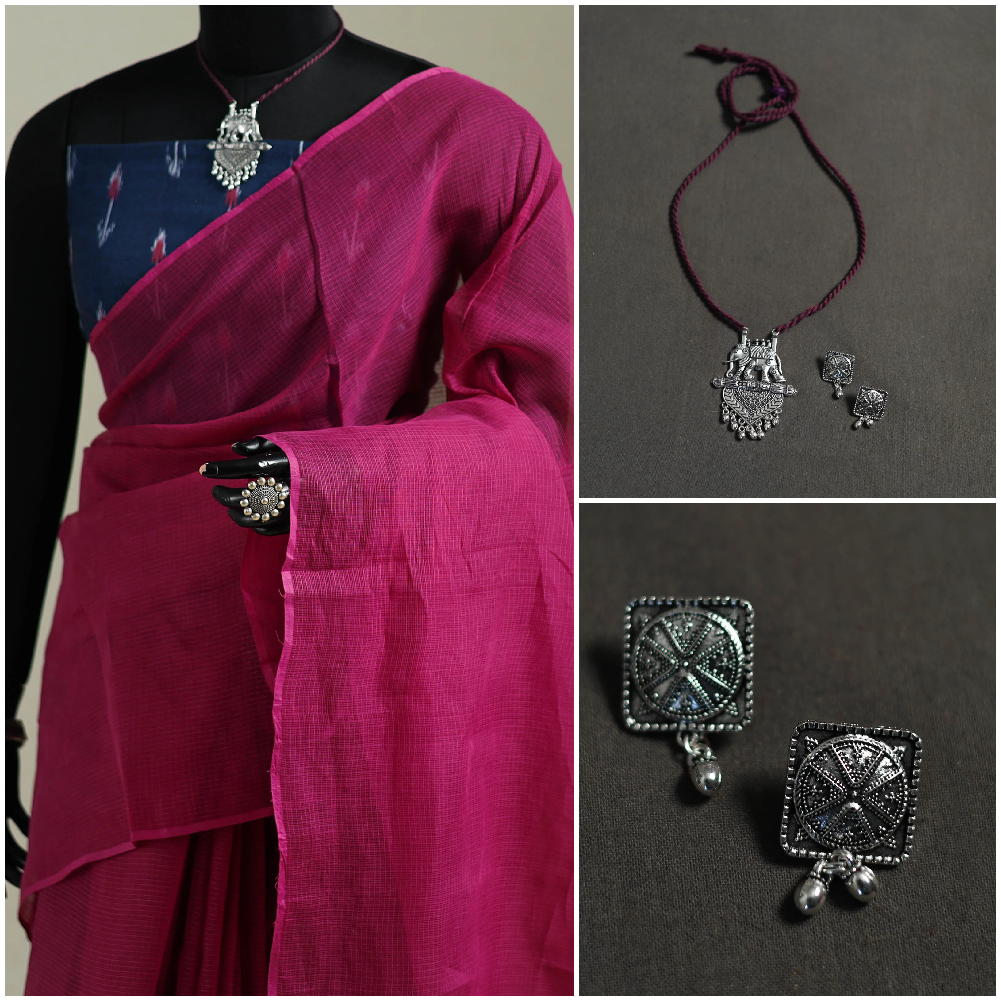 Pink - Nazaakat Kota Doria Cotton Plain Saree with Blouse & Jewellery Set 71 - Image 3