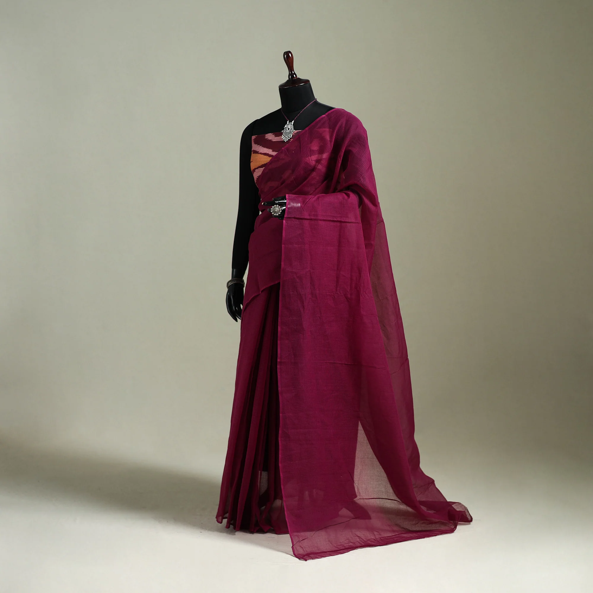 Purple - Nazaakat Kota Doria Cotton Plain Saree with Blouse & Jewellery Set 73