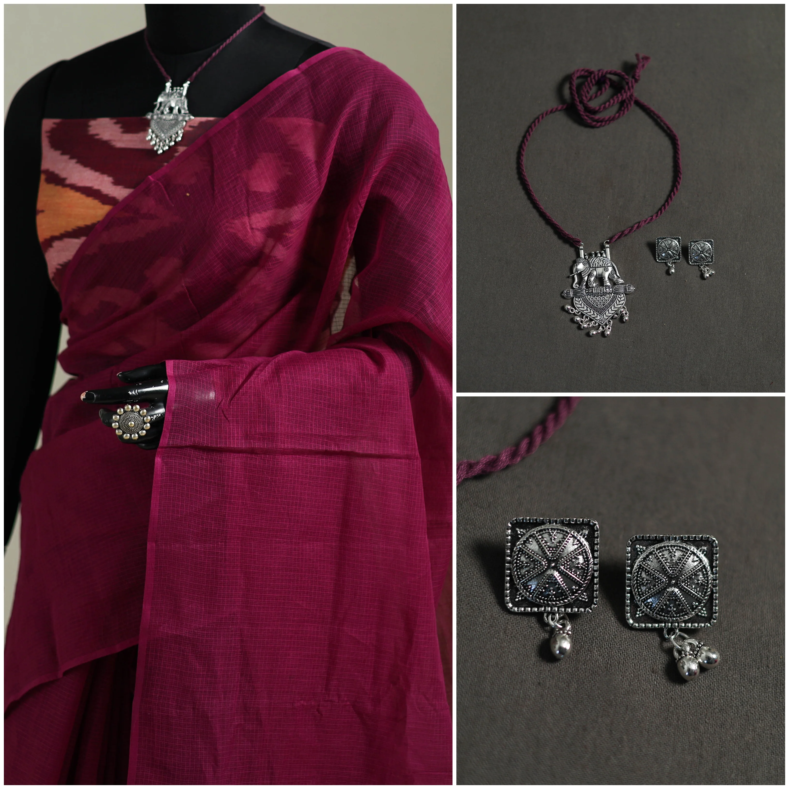 Purple - Nazaakat Kota Doria Cotton Plain Saree with Blouse & Jewellery Set 73 - Image 3
