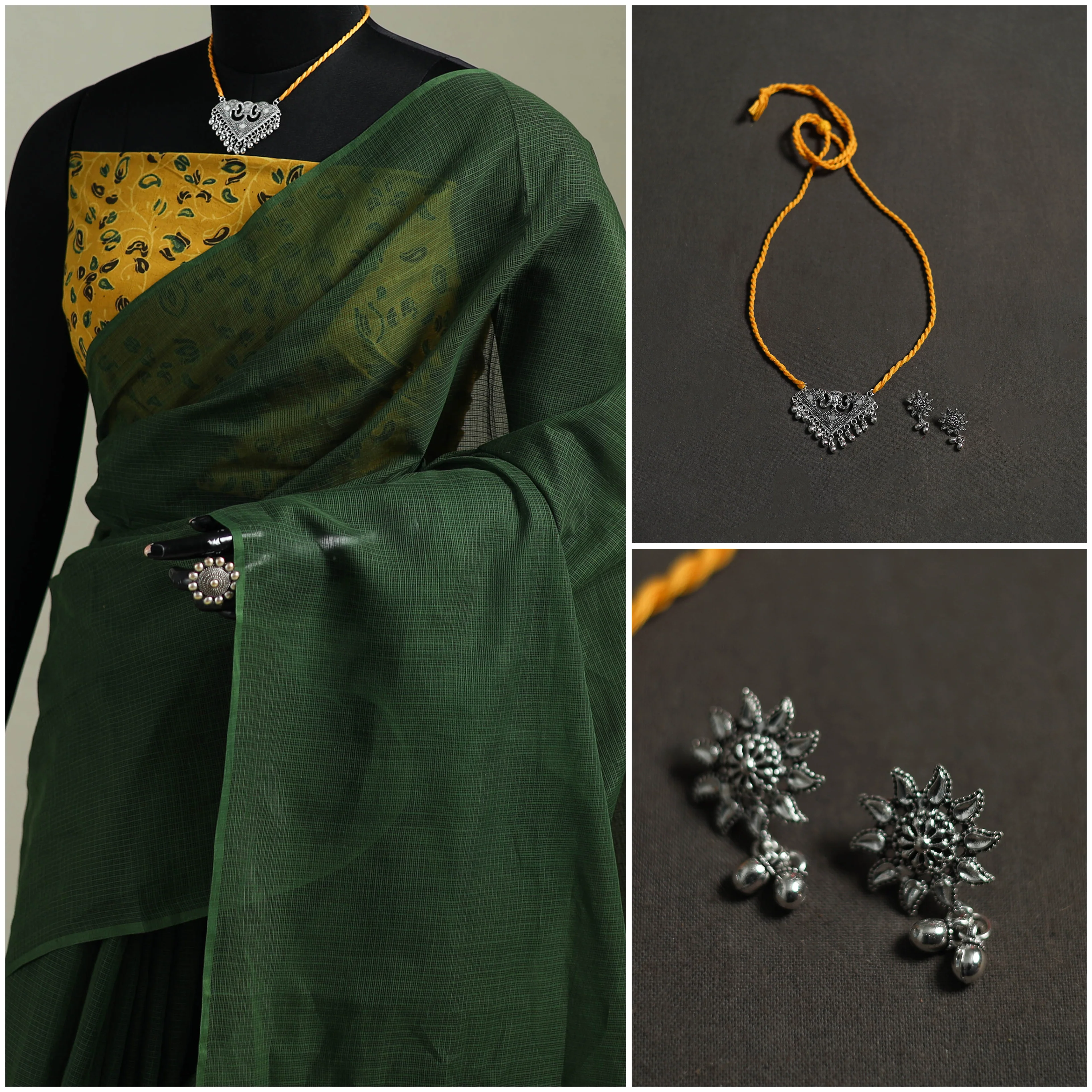 Green - Nazaakat Kota Doria Cotton Plain Saree with Blouse & Jewellery Set 74 - Image 3