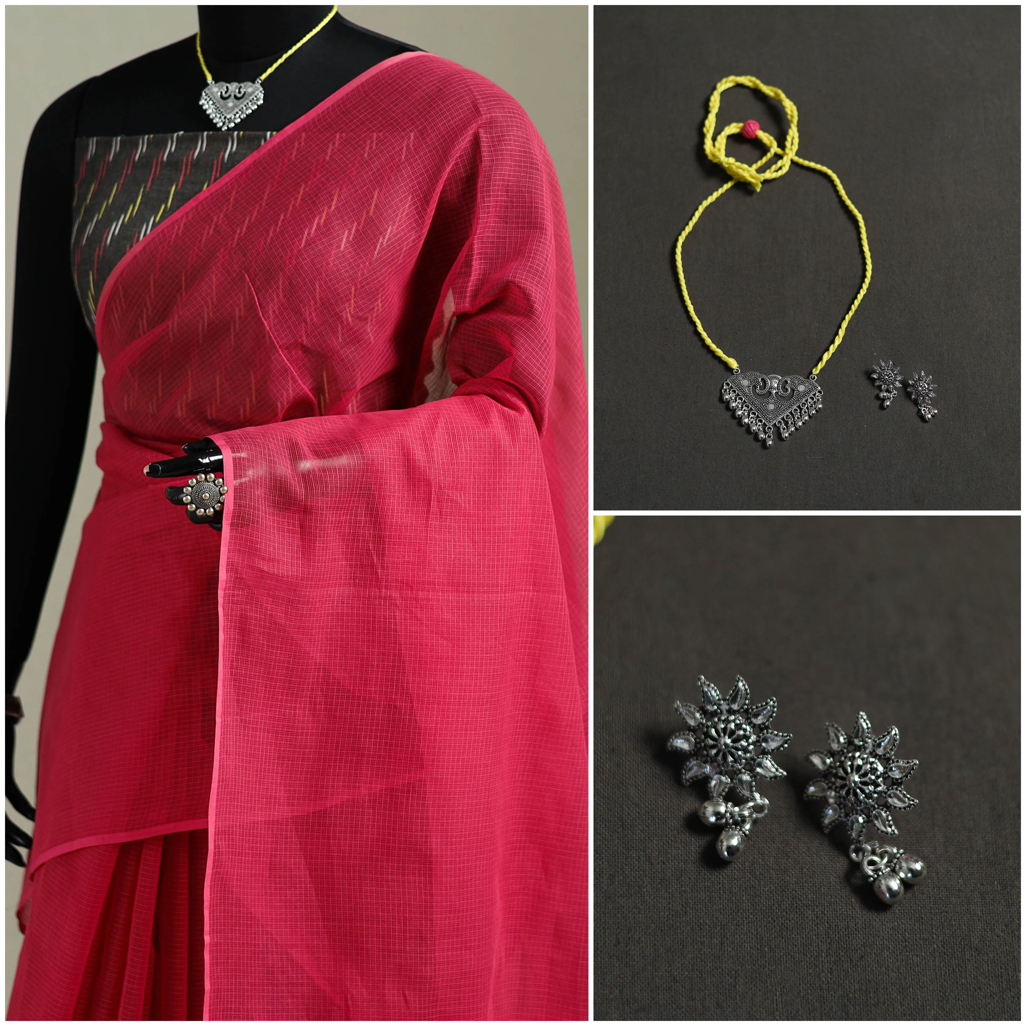 Pink - Nazaakat Kota Doria Cotton Plain Saree with Blouse & Jewellery Set 75 - Image 3