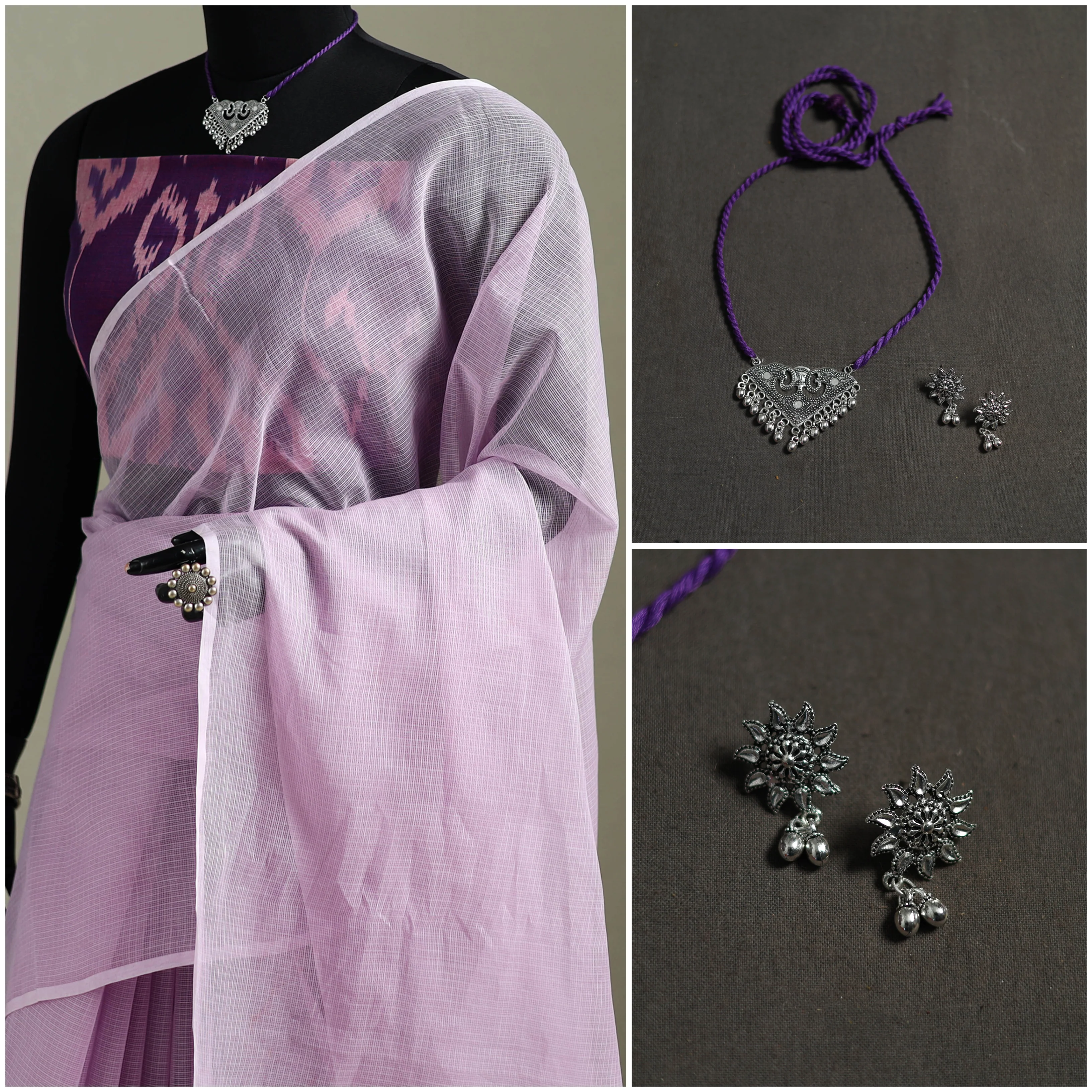 Purple - Nazaakat Kota Doria Cotton Plain Saree with Blouse & Jewellery Set 76 - Image 3