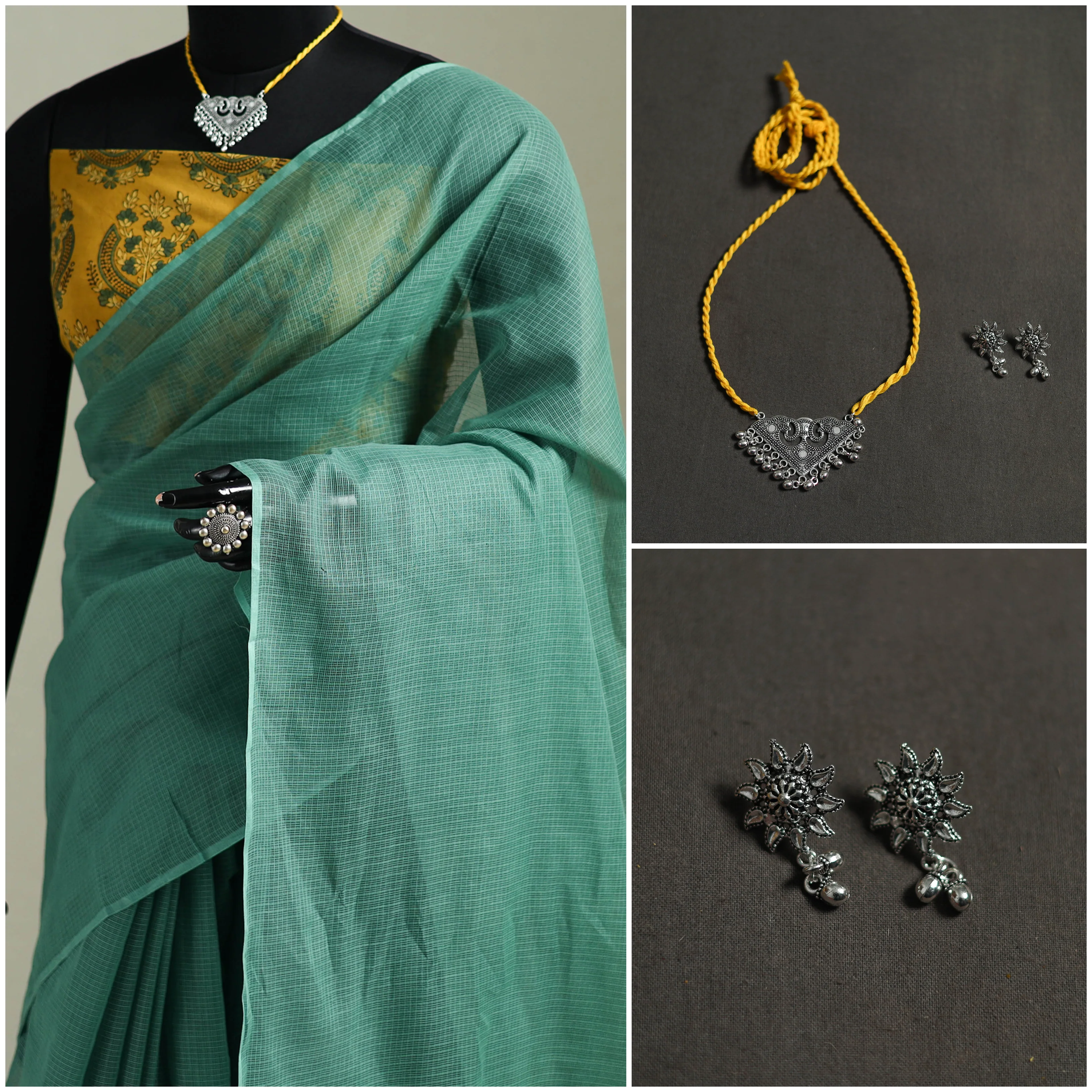Green - Nazaakat Kota Doria Cotton Plain Saree with Blouse & Jewellery Set 77 - Image 3