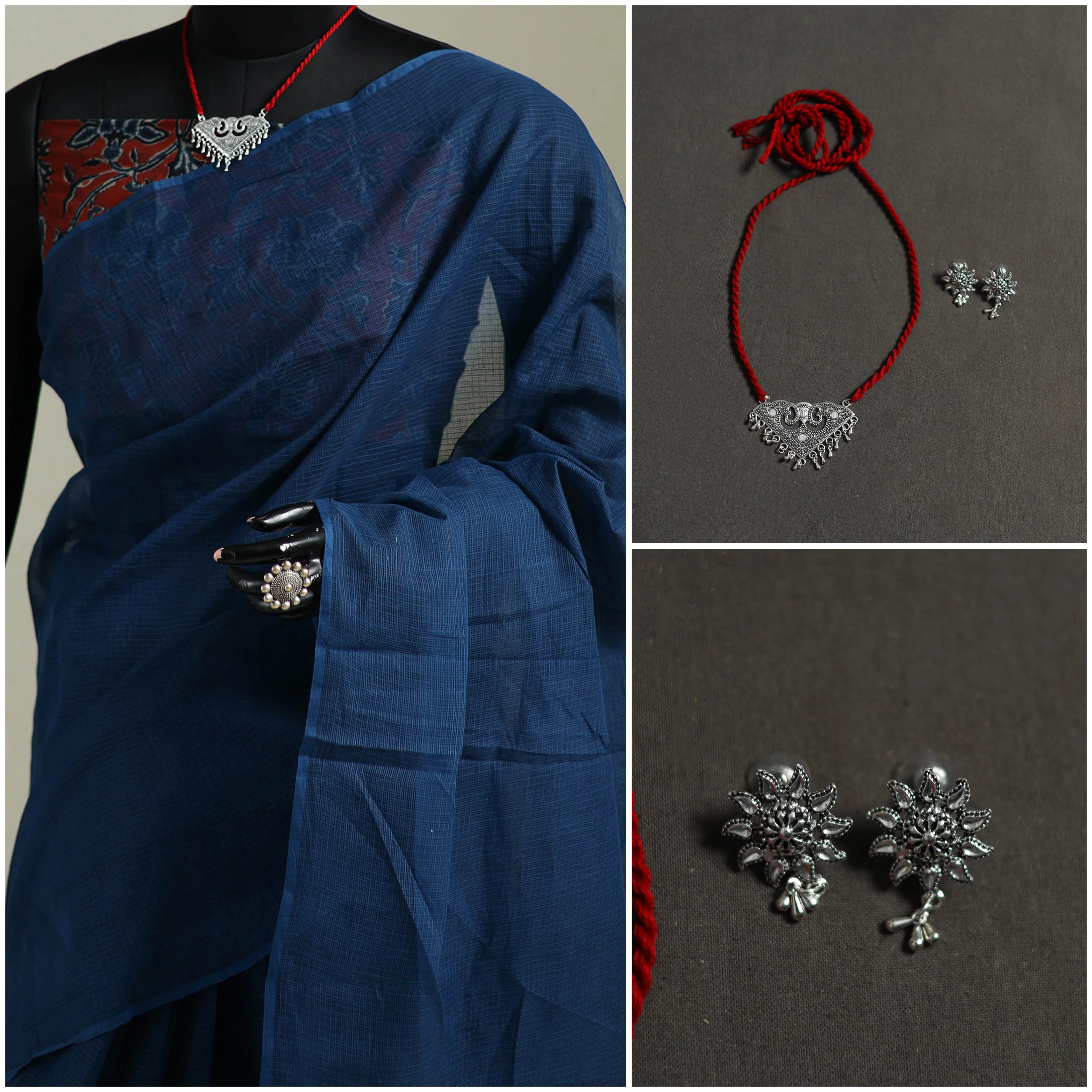 Blue - Nazaakat Kota Doria Cotton Plain Saree with Blouse & Jewellery Set 79 - Image 3
