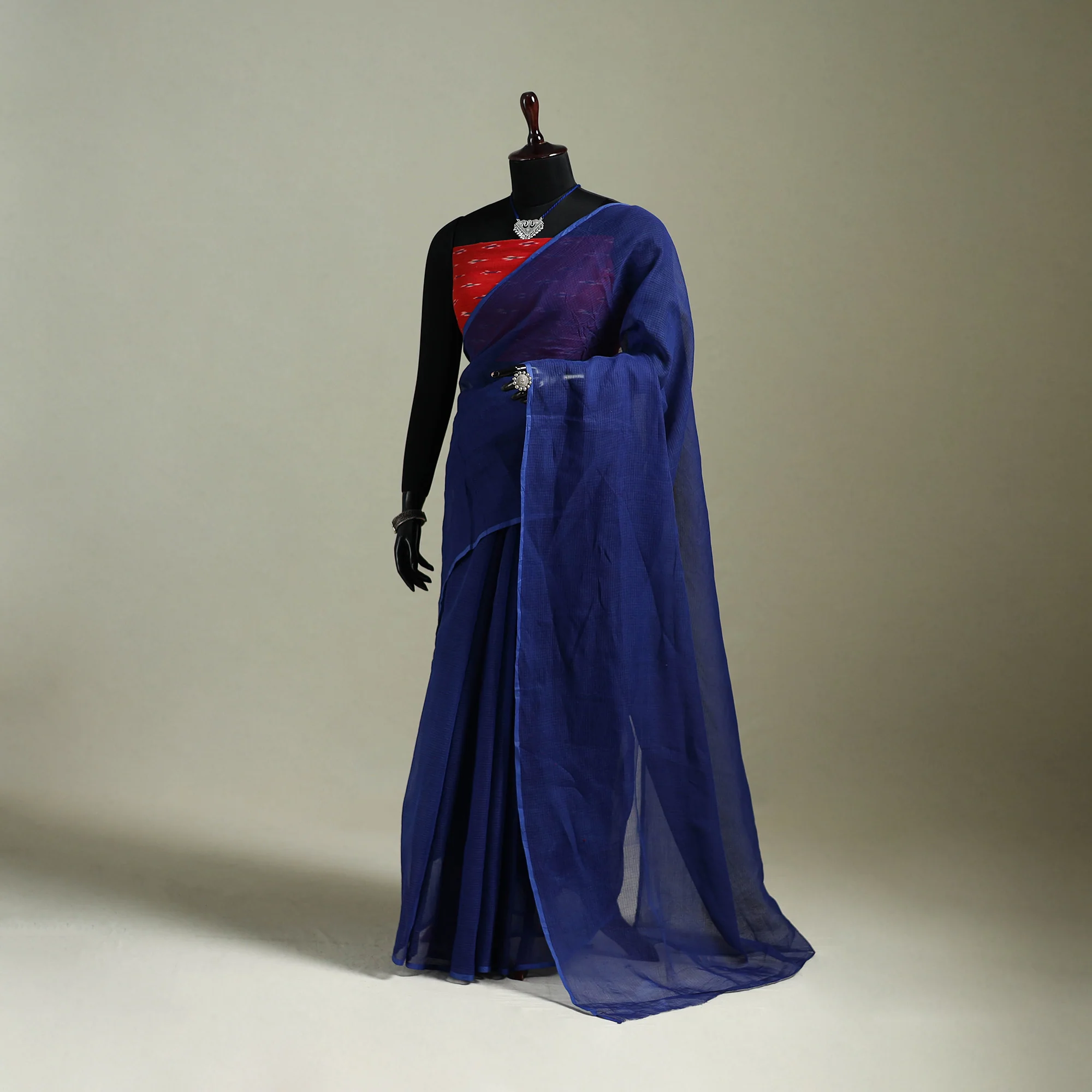 Blue - Nazaakat Kota Doria Cotton Plain Saree with Blouse & Jewellery Set 80