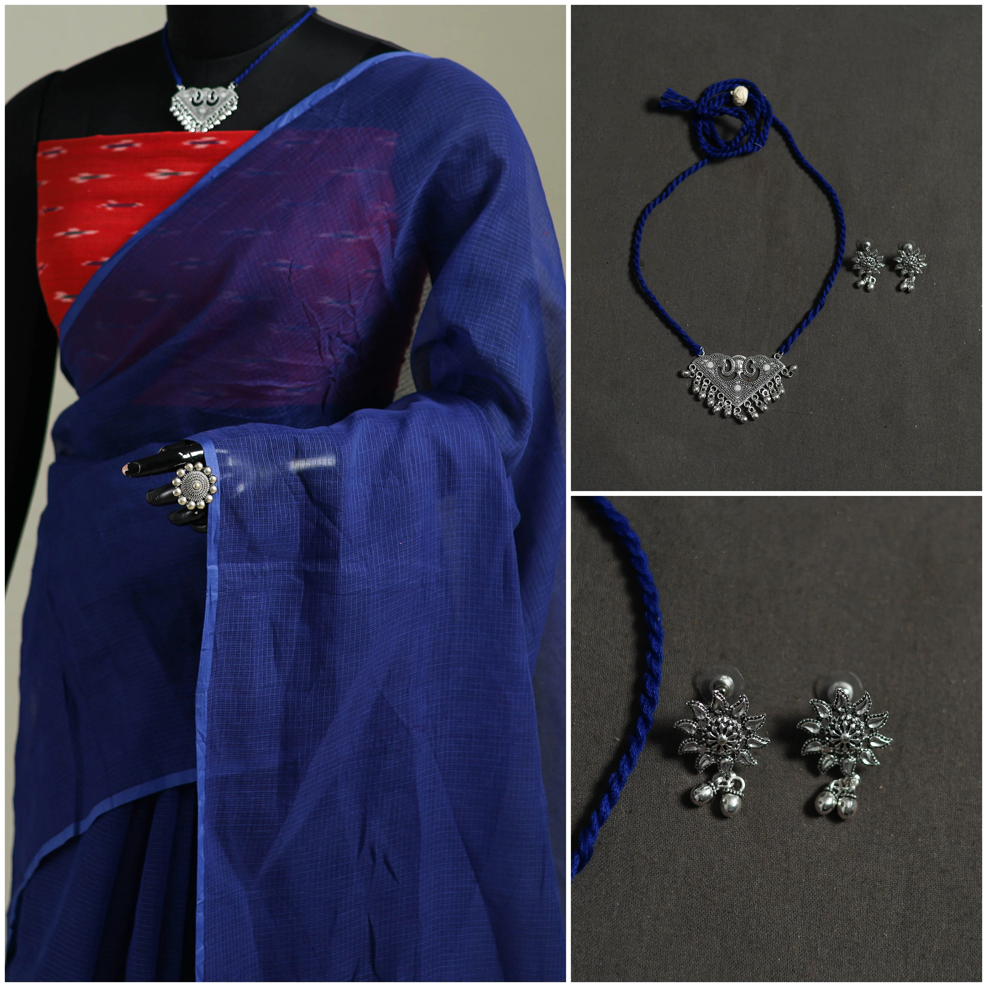 Blue - Nazaakat Kota Doria Cotton Plain Saree with Blouse & Jewellery Set 80 - Image 3