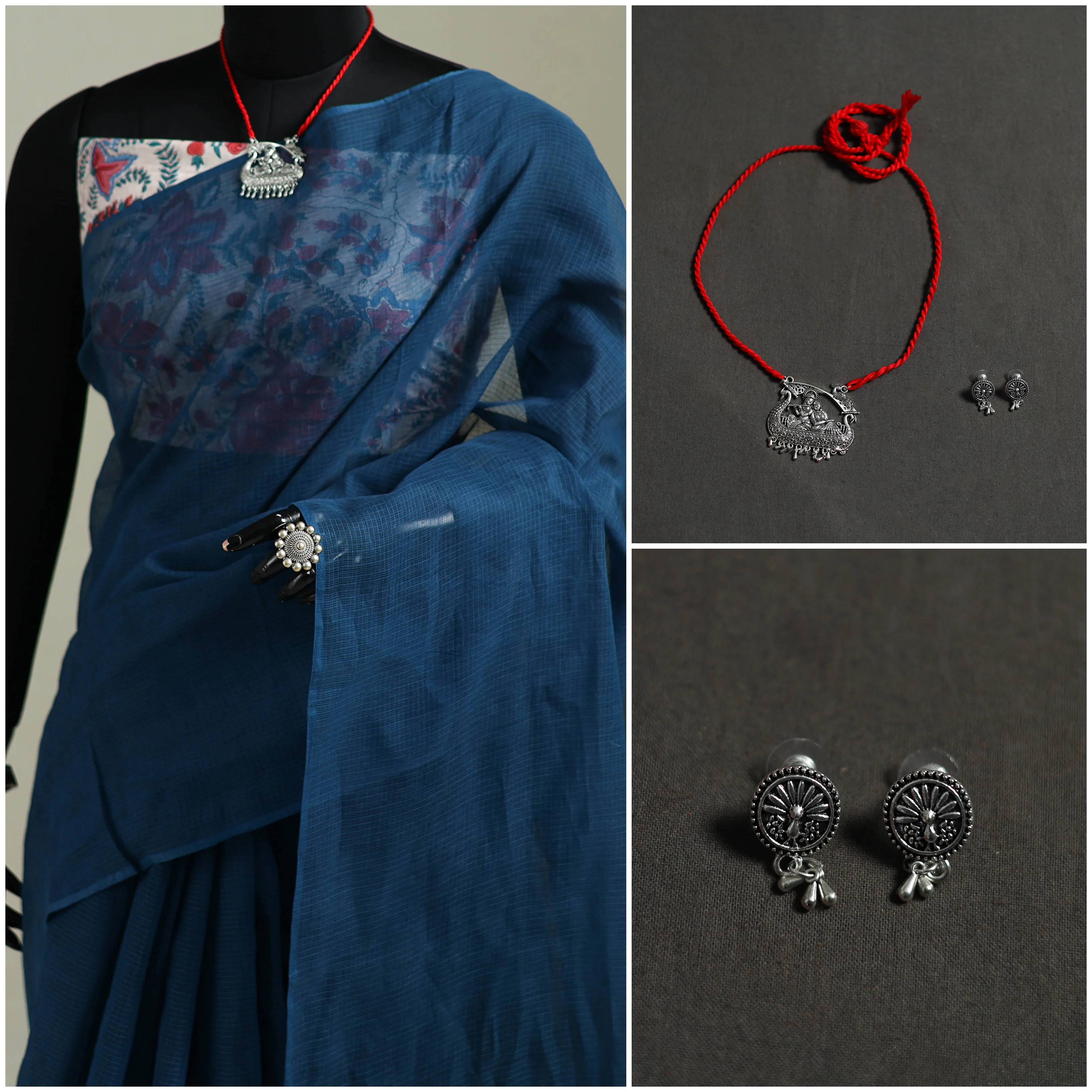 Blue - Nazaakat Kota Doria Cotton Plain Saree with Blouse & Jewellery Set 82 - Image 3