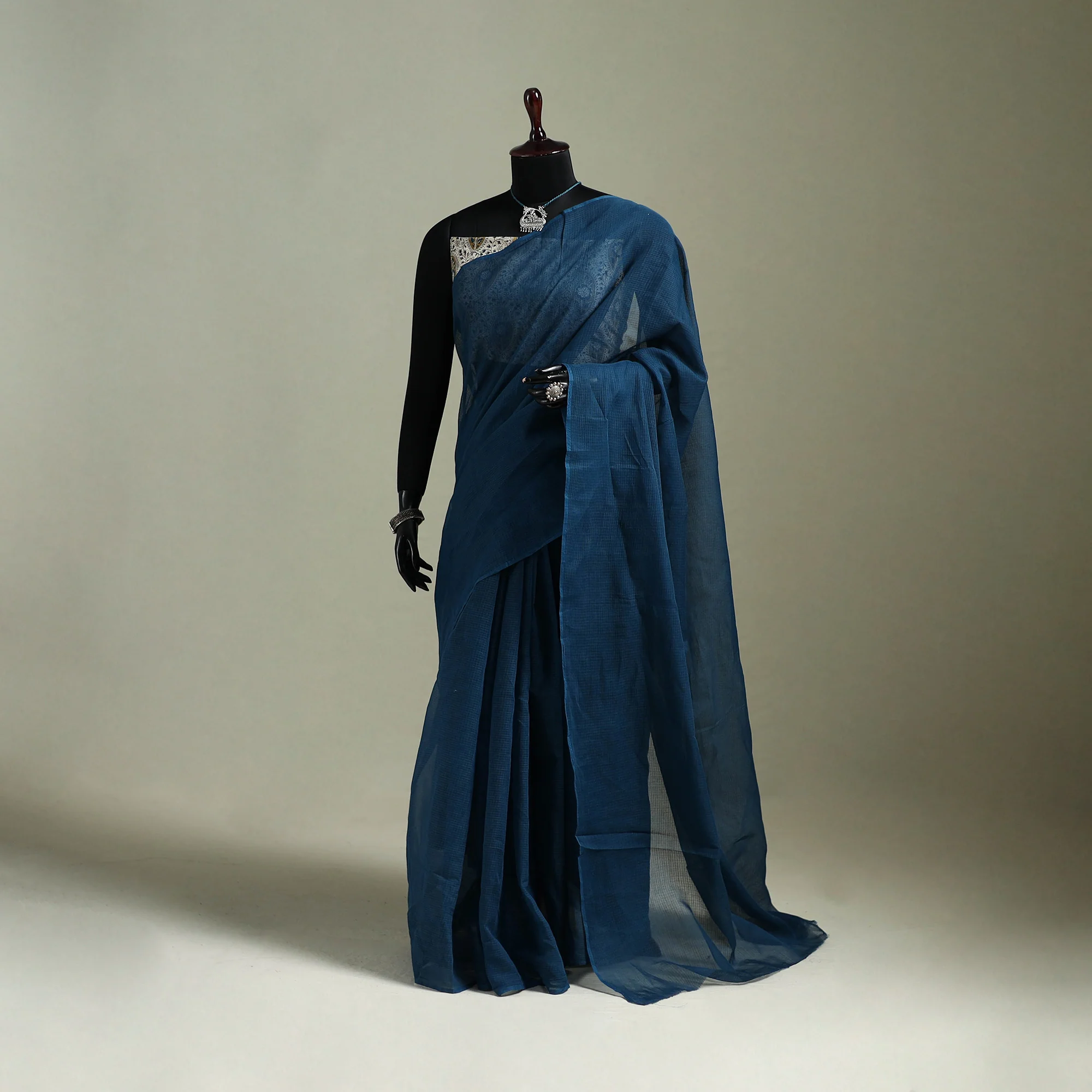 Blue - Nazaakat Kota Doria Cotton Plain Saree with Blouse & Jewellery Set 84