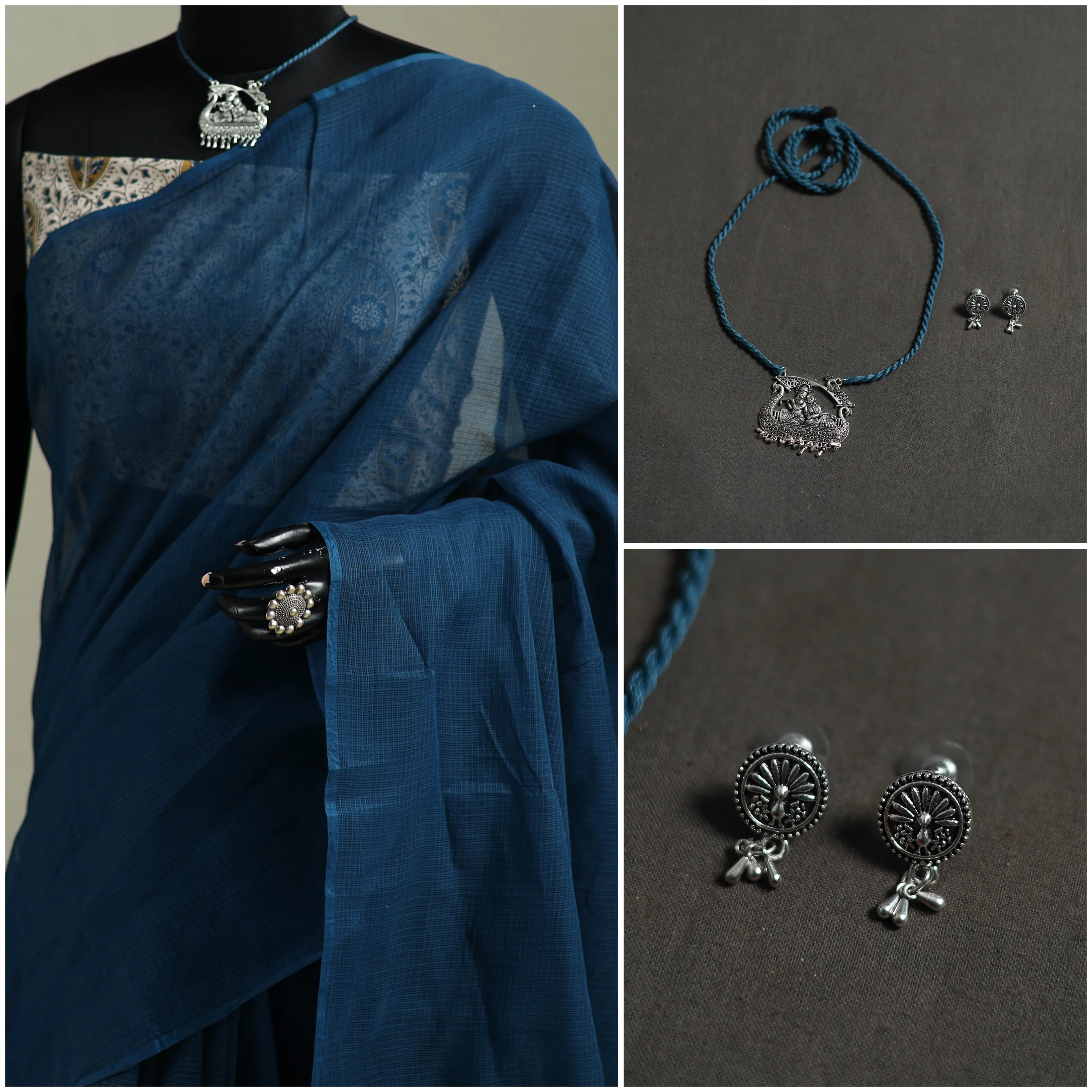 Blue - Nazaakat Kota Doria Cotton Plain Saree with Blouse & Jewellery Set 84 - Image 3