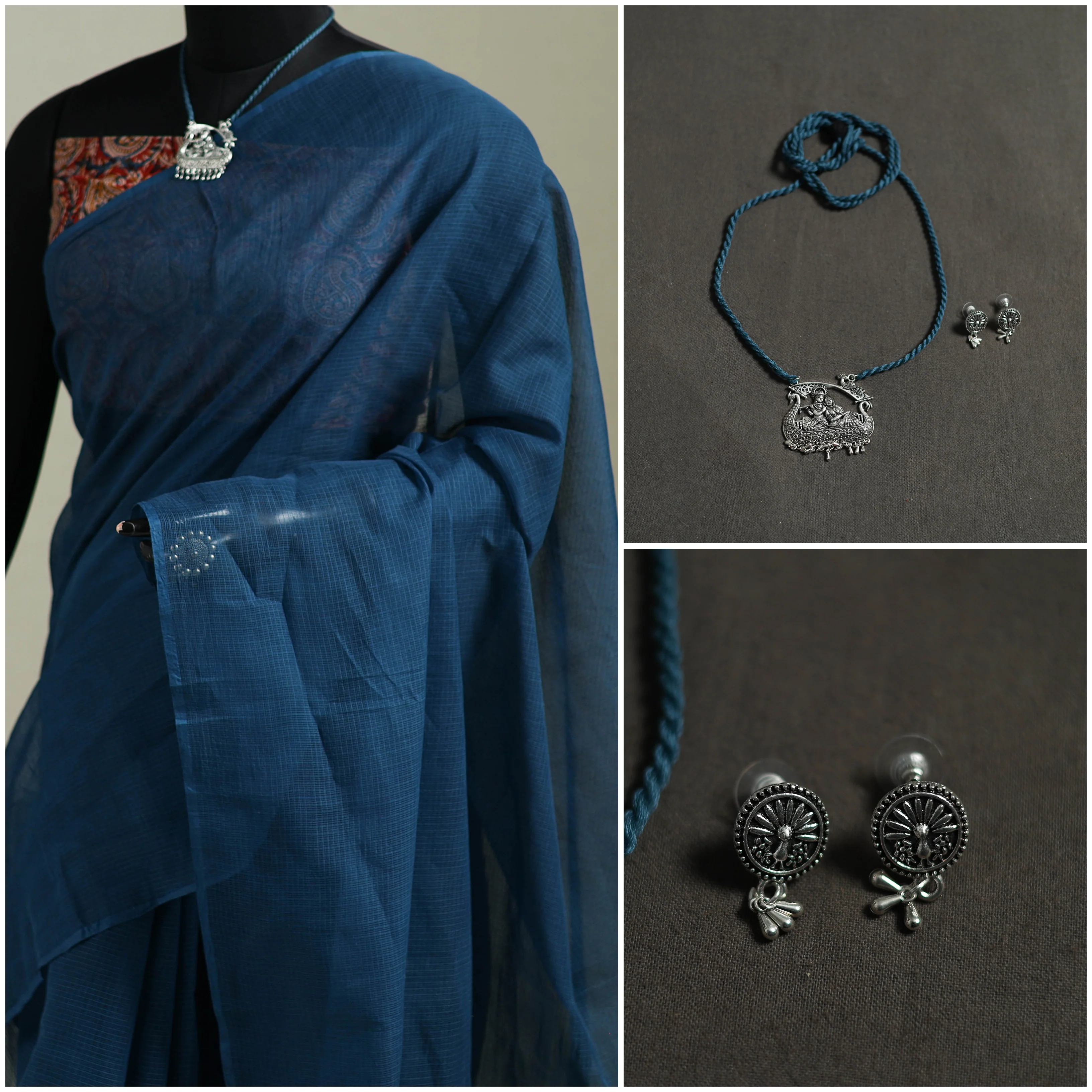 Blue - Nazaakat Kota Doria Cotton Plain Saree with Blouse & Jewellery Set 85 - Image 3