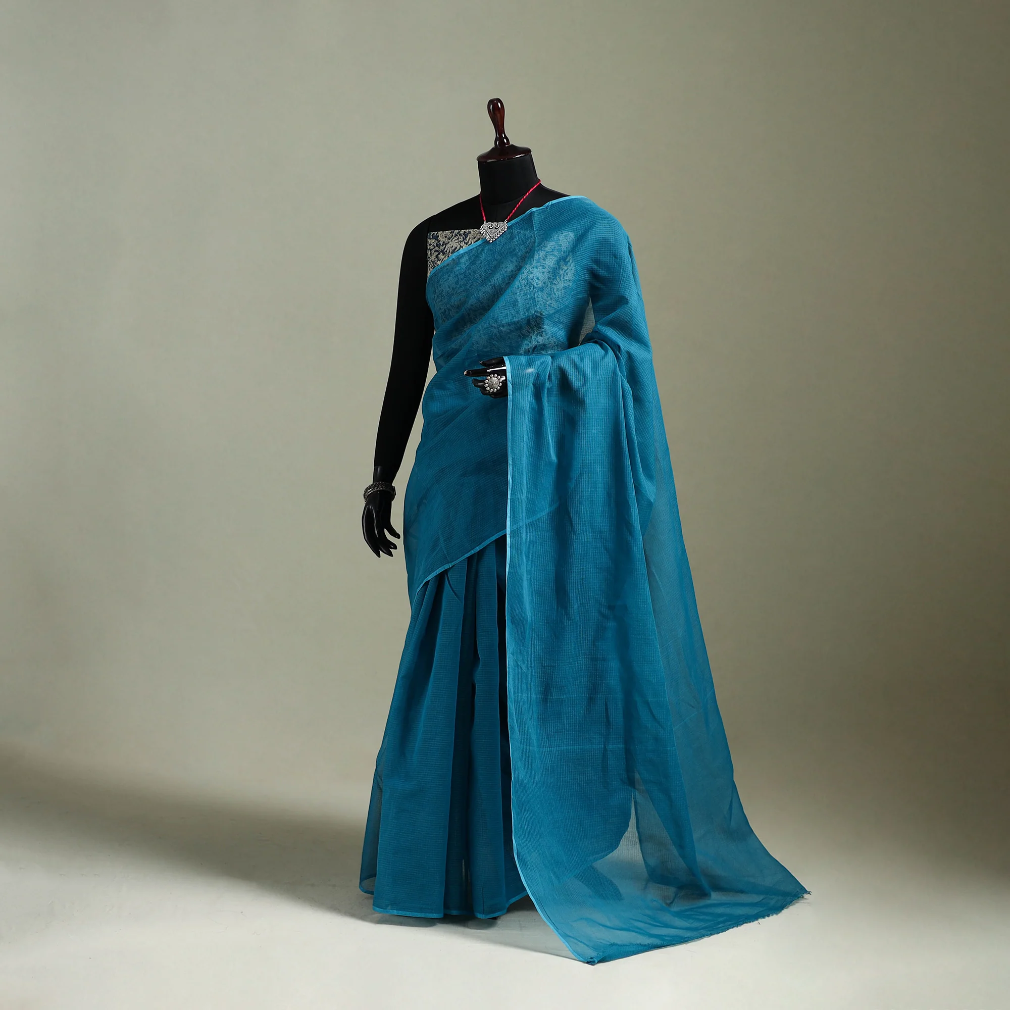 Blue - Nazaakat Kota Doria Cotton Plain Saree with Blouse & Jewellery Set 86