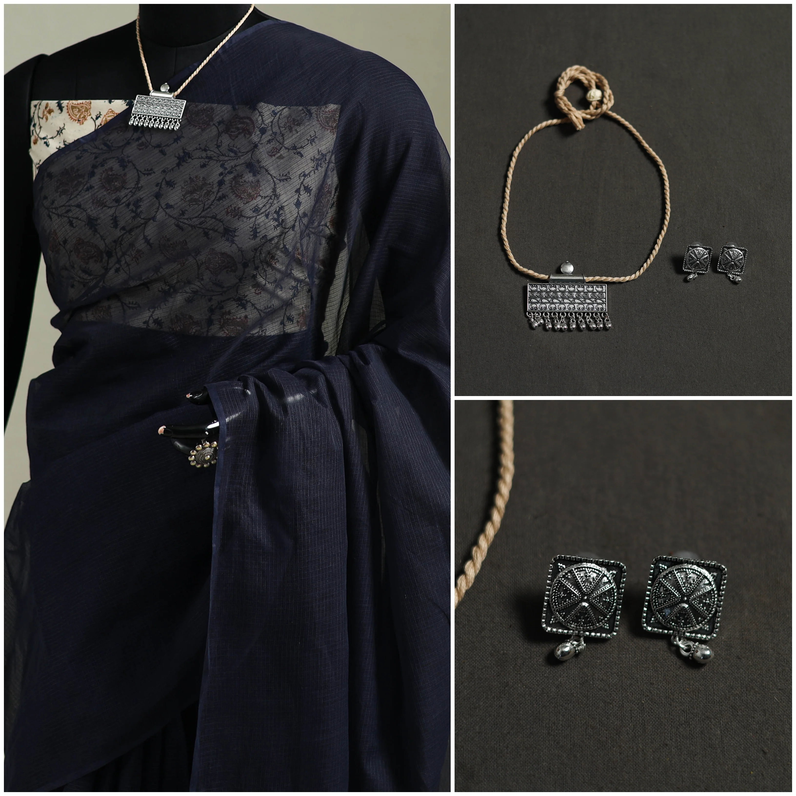 Blue - Nazaakat Kota Doria Cotton Plain Saree with Blouse & Jewellery Set 89 - Image 3