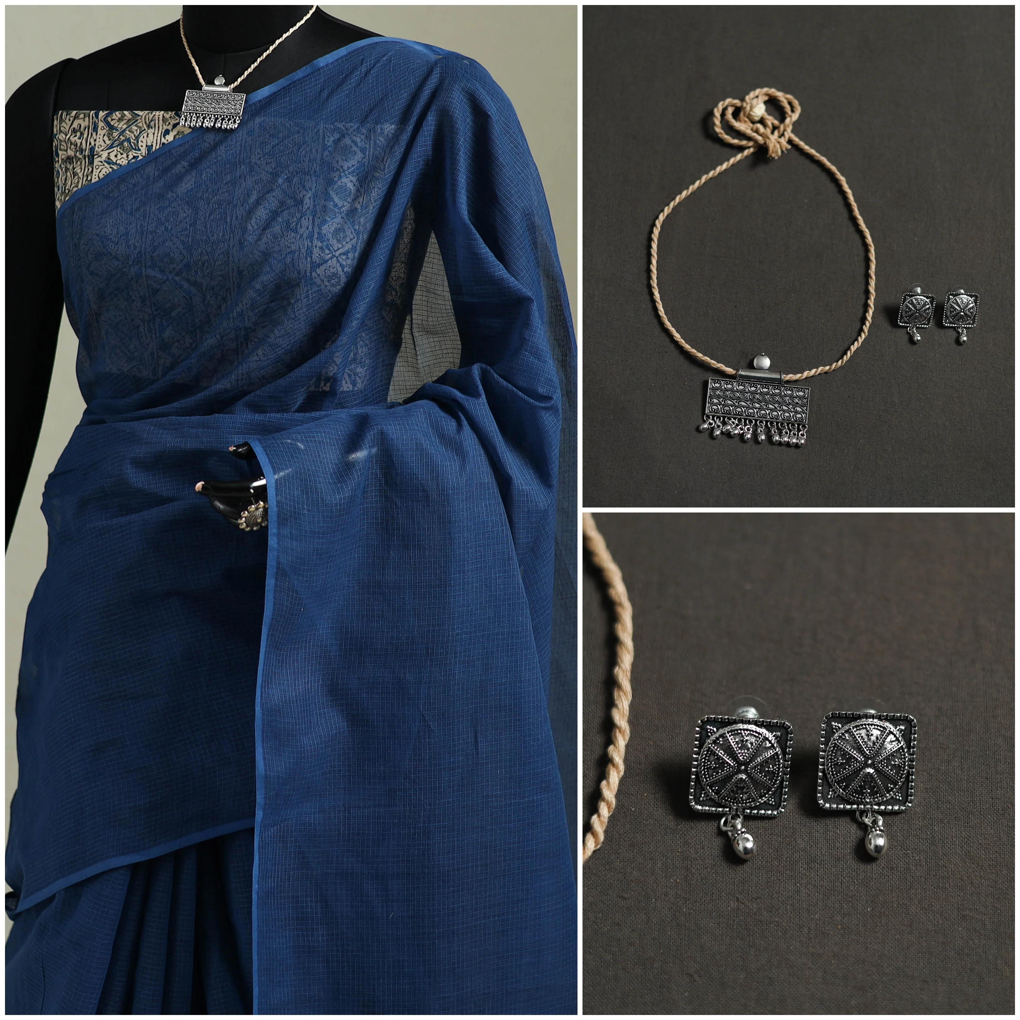 Blue - Nazaakat Kota Doria Cotton Plain Saree with Blouse & Jewellery Set 91 - Image 3