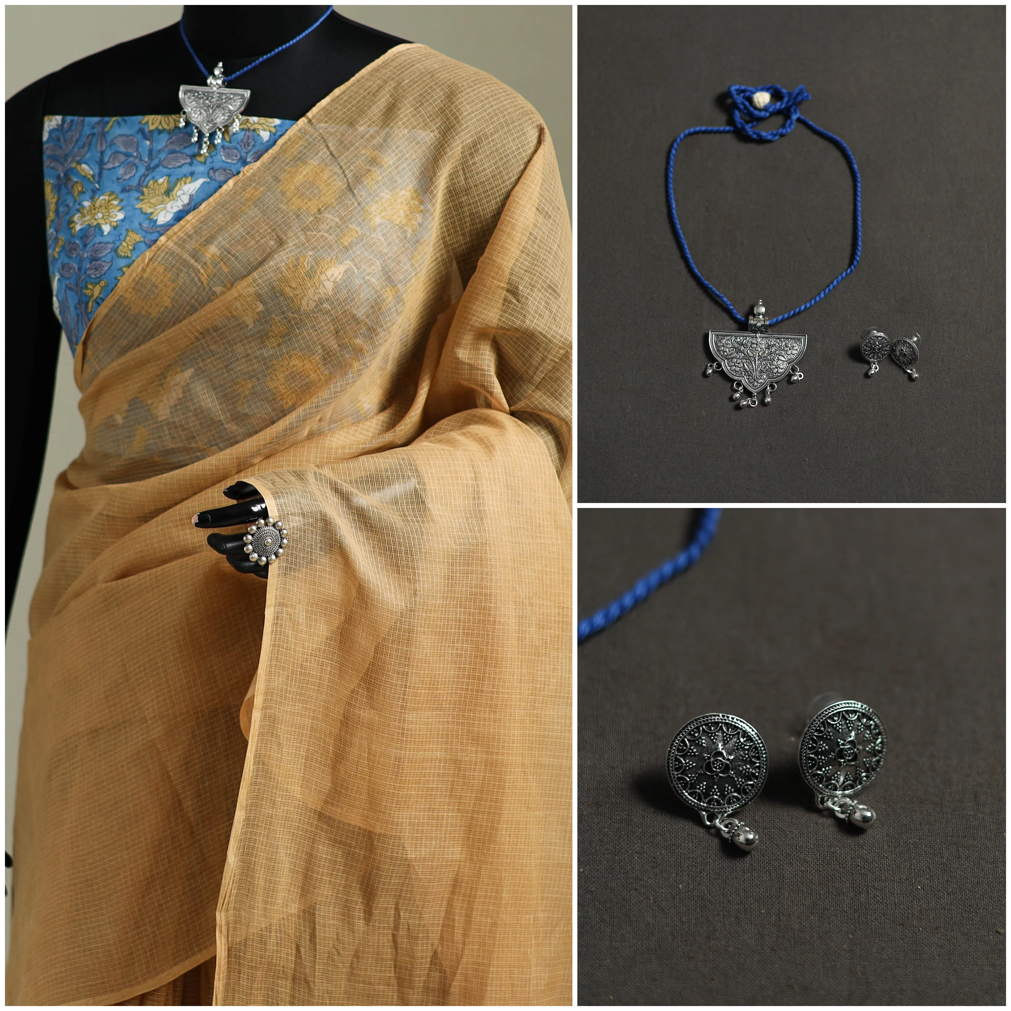 Beige - Nazaakat Kota Doria Cotton Plain Saree with Blouse & Jewellery Set 92 - Image 3