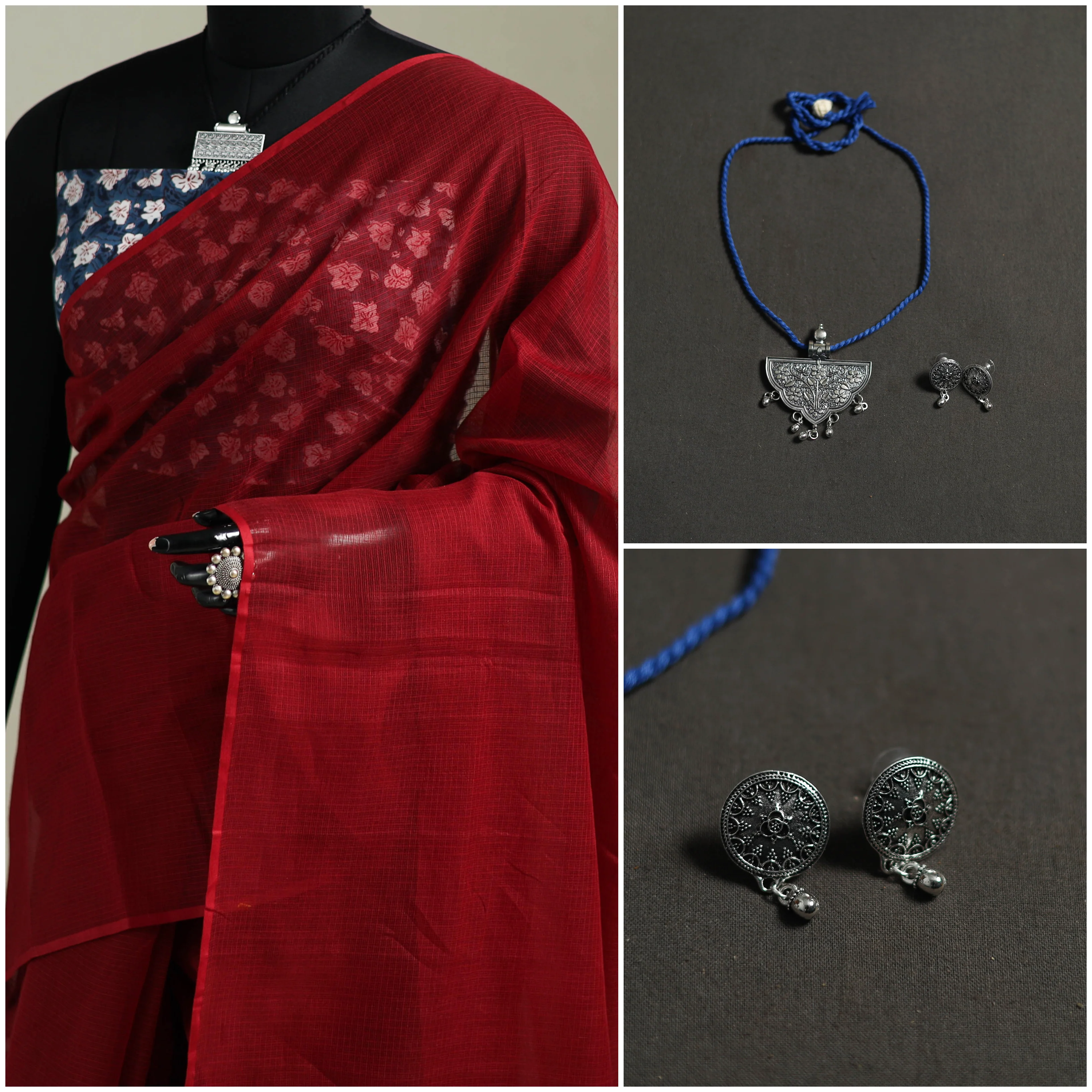 Red - Nazaakat Kota Doria Cotton Plain Saree with Blouse & Jewellery Set 93 - Image 3