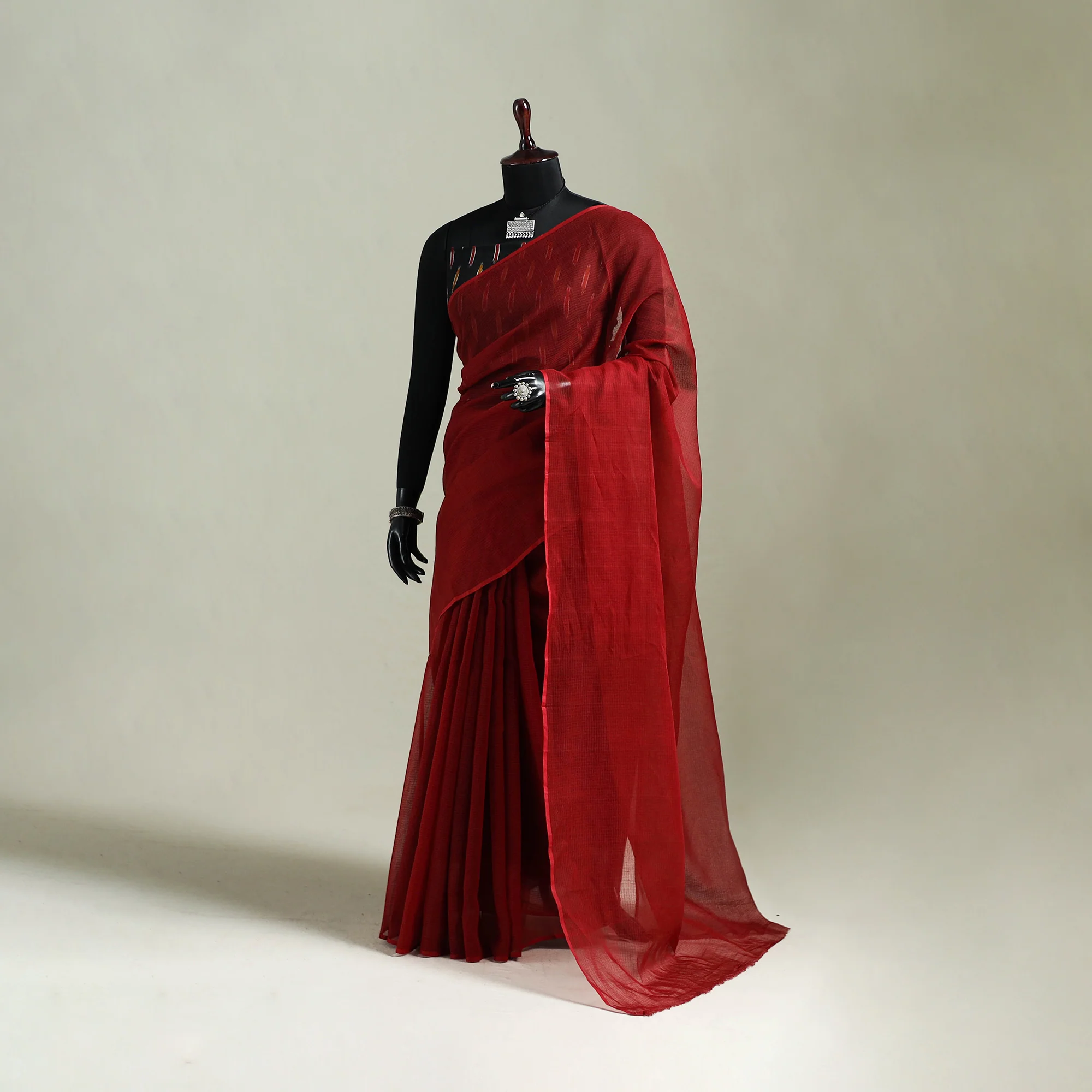 Red - Nazaakat Kota Doria Cotton Plain Saree with Blouse & Jewellery Set 96