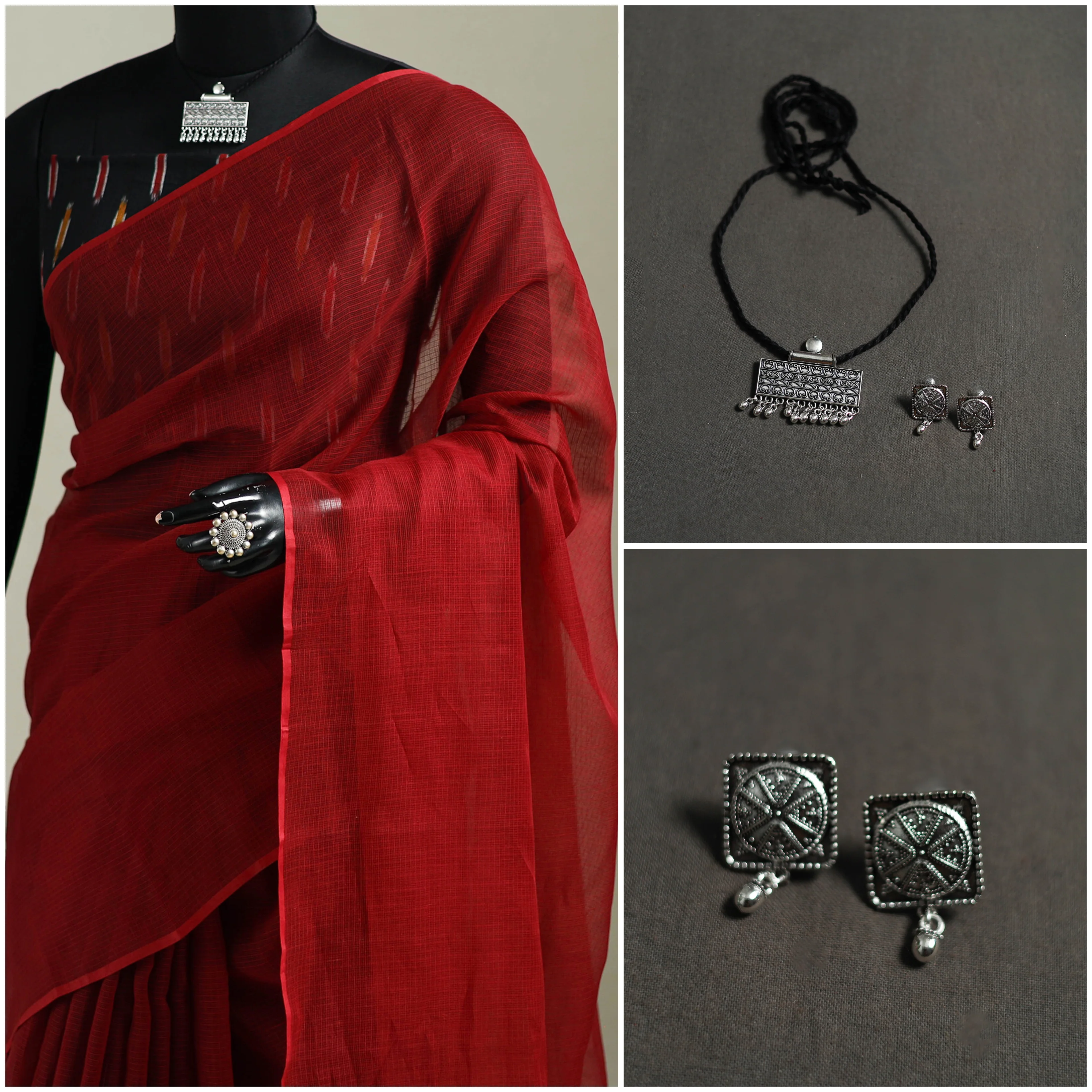 Red - Nazaakat Kota Doria Cotton Plain Saree with Blouse & Jewellery Set 96 - Image 3