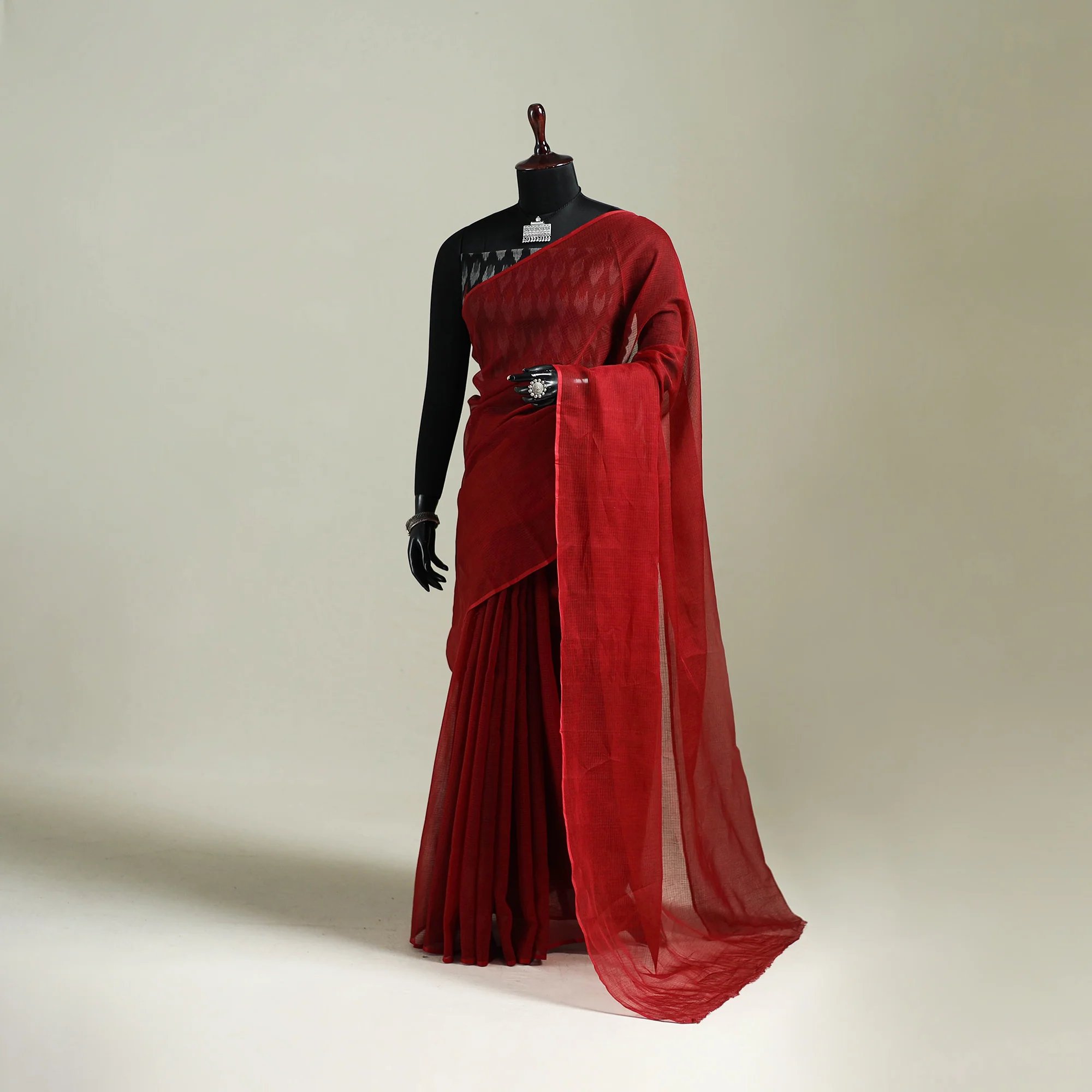 Red - Nazaakat Kota Doria Cotton Plain Saree with Blouse & Jewellery Set 97