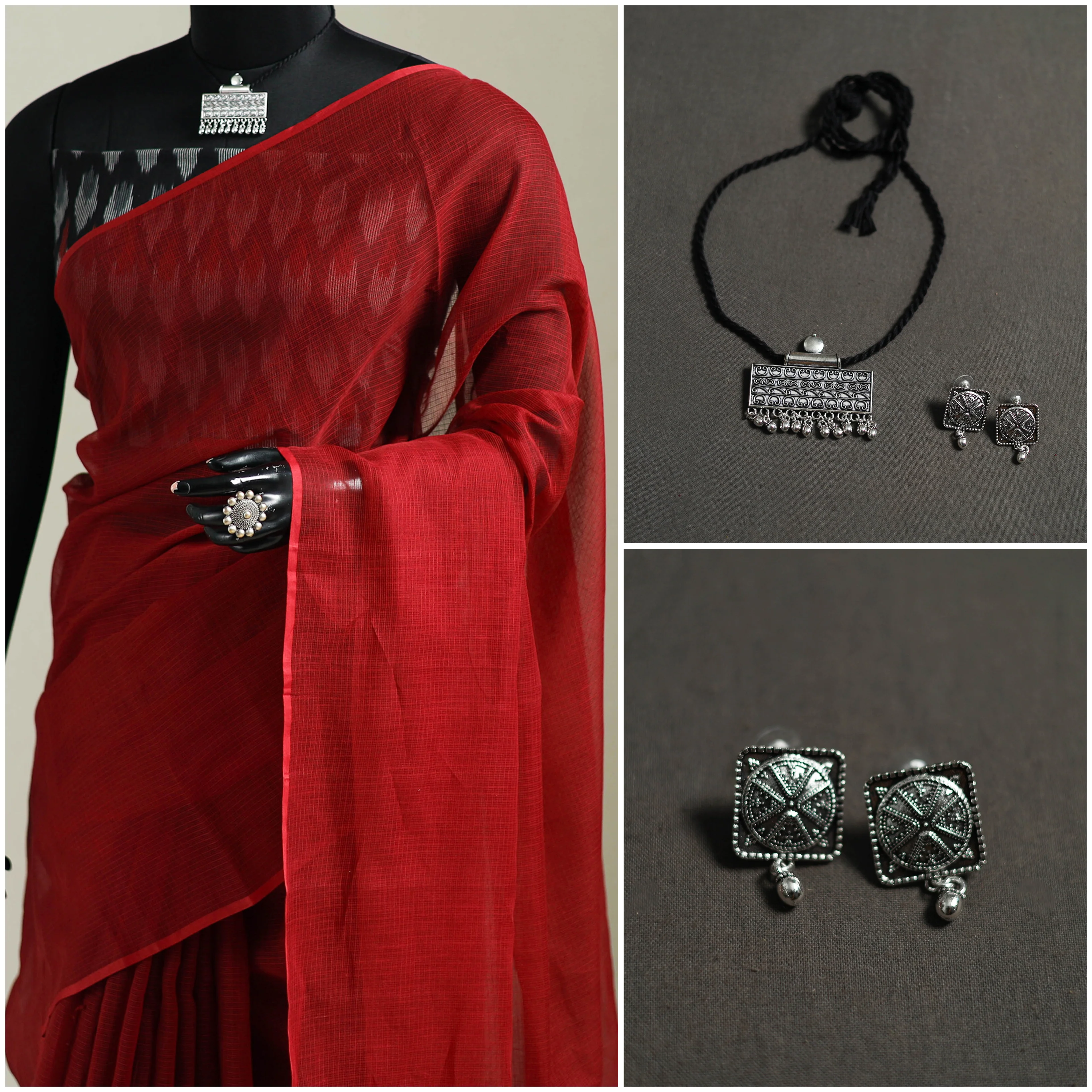 Red - Nazaakat Kota Doria Cotton Plain Saree with Blouse & Jewellery Set 97 - Image 3