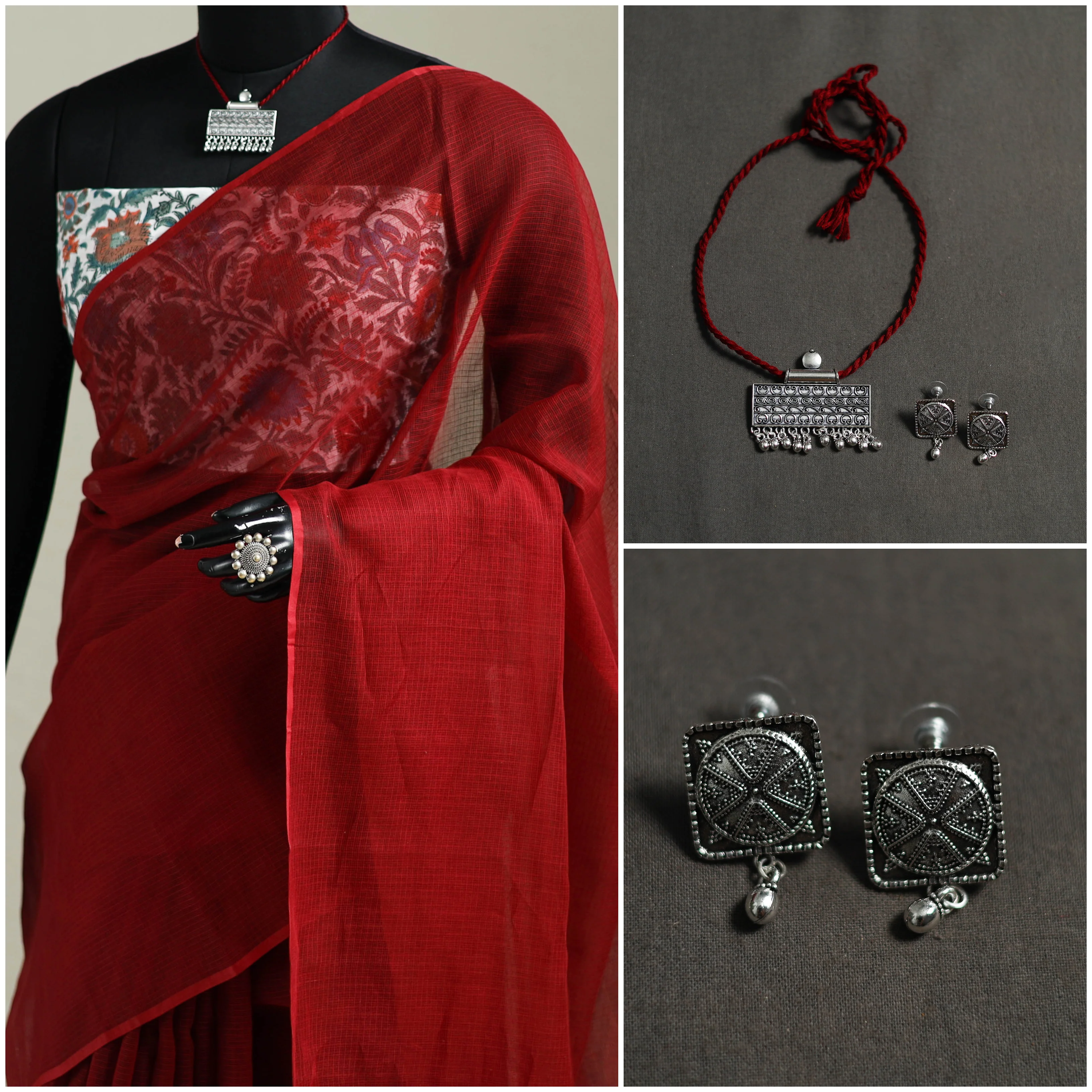 Red - Nazaakat Kota Doria Cotton Plain Saree with Blouse & Jewellery Set 98 - Image 3