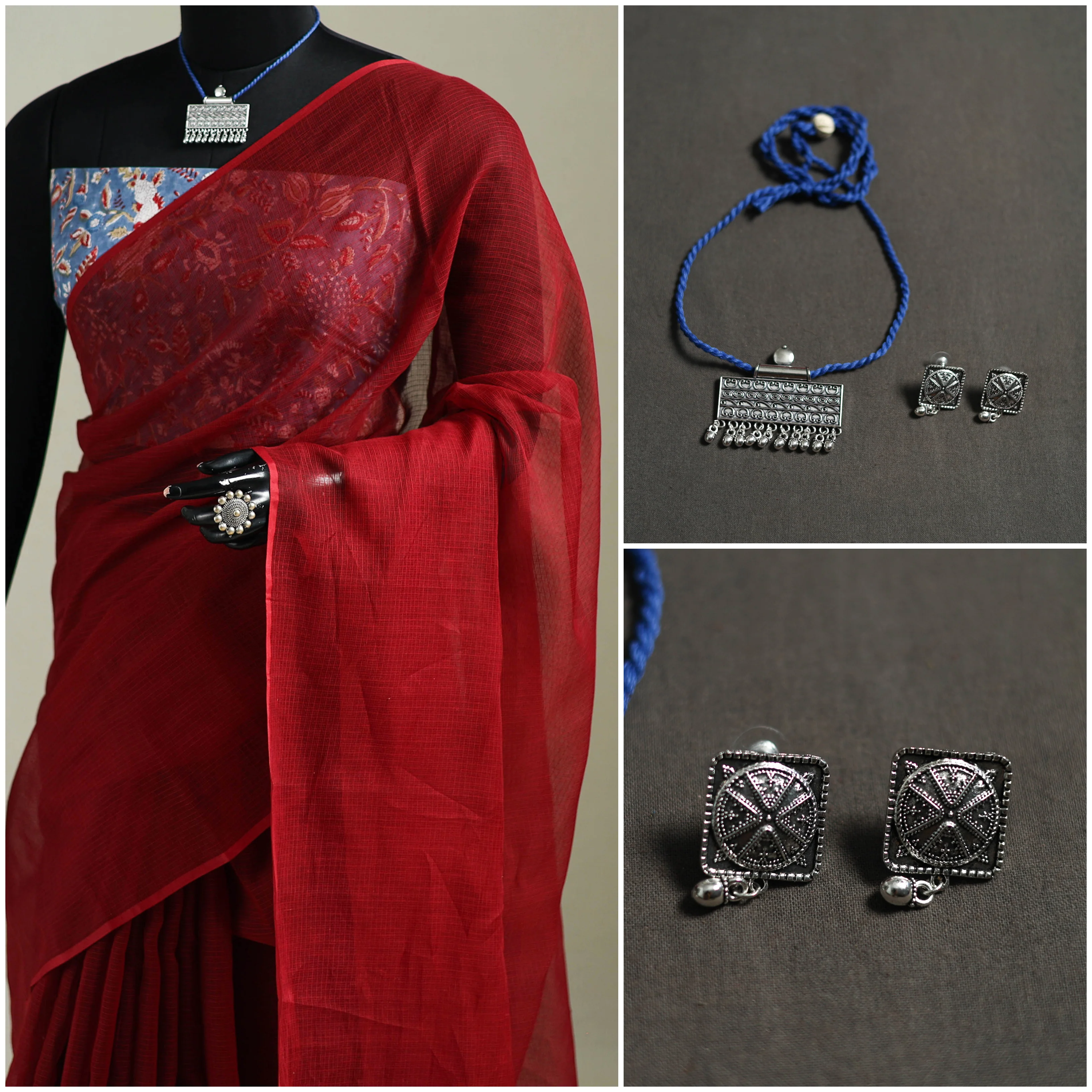 Red - Nazaakat Kota Doria Cotton Plain Saree with Blouse & Jewellery Set 99 - Image 3