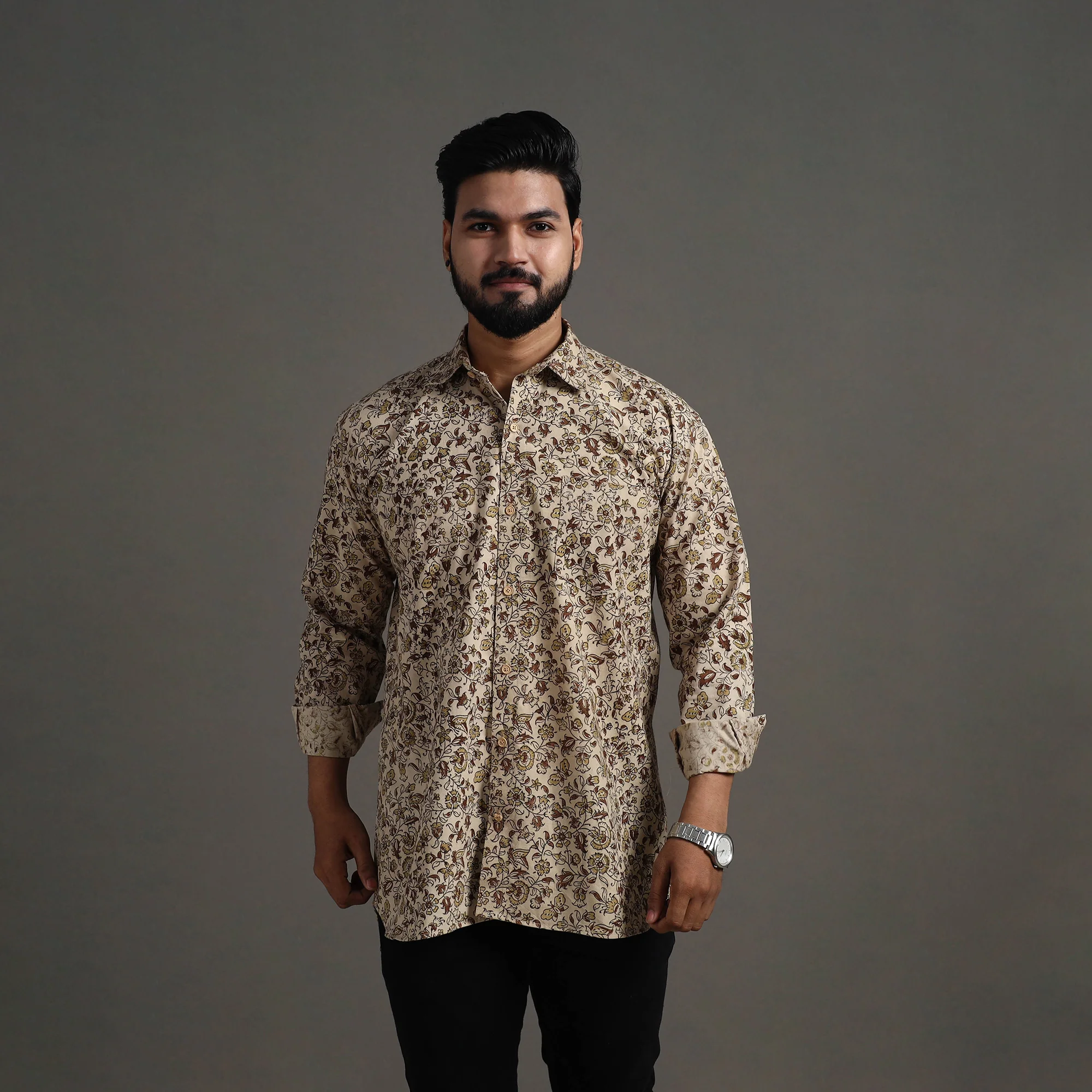 Beige - Pedana Block Print Cotton Men Kalamkari Shirt 08