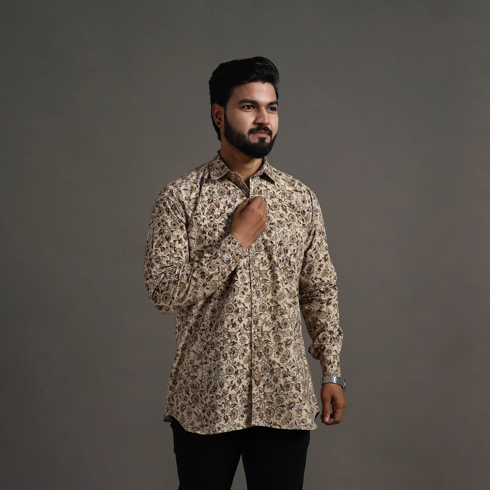 Beige - Pedana Block Print Cotton Men Kalamkari Shirt 08 - Image 2