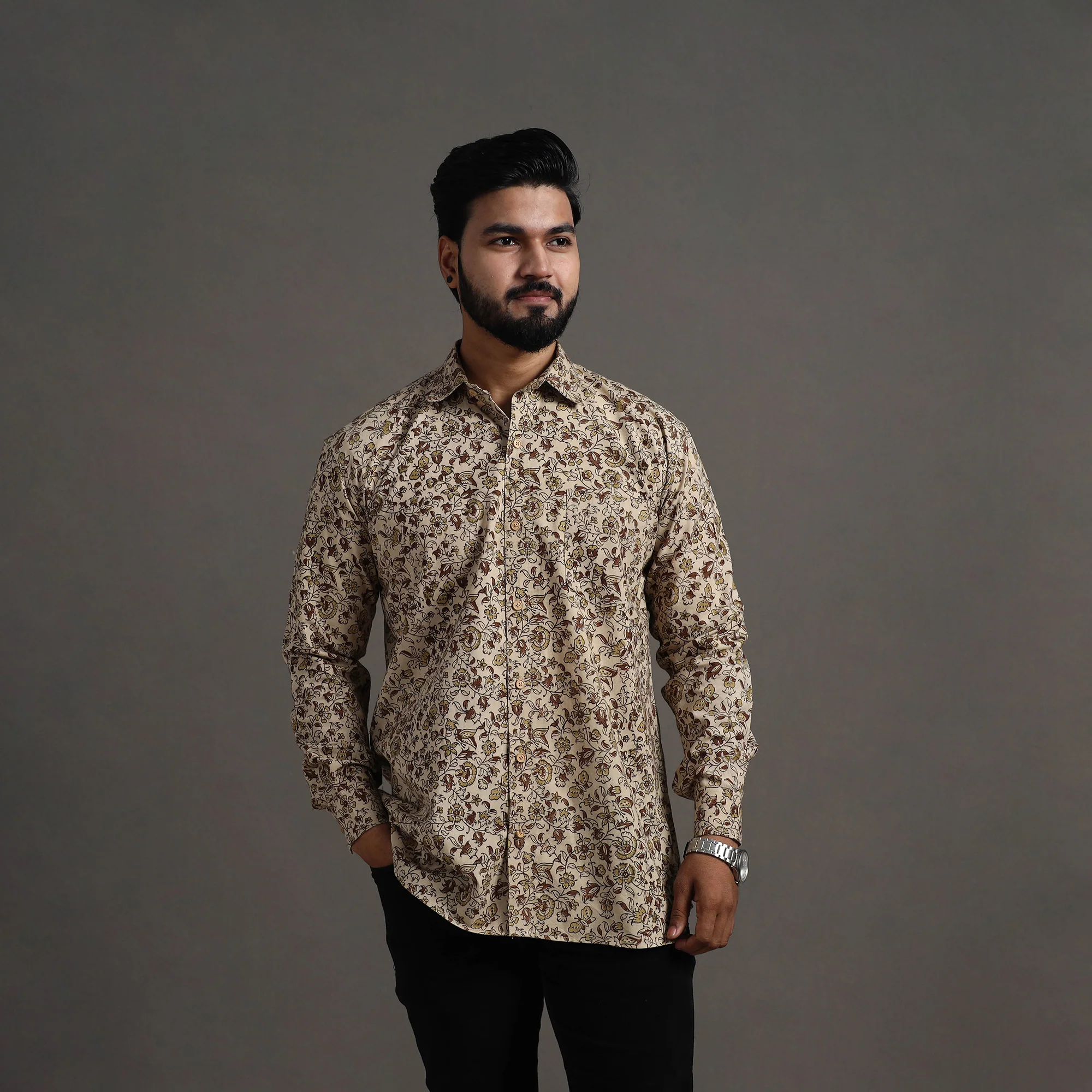 Beige - Pedana Block Print Cotton Men Kalamkari Shirt 08 - Image 3